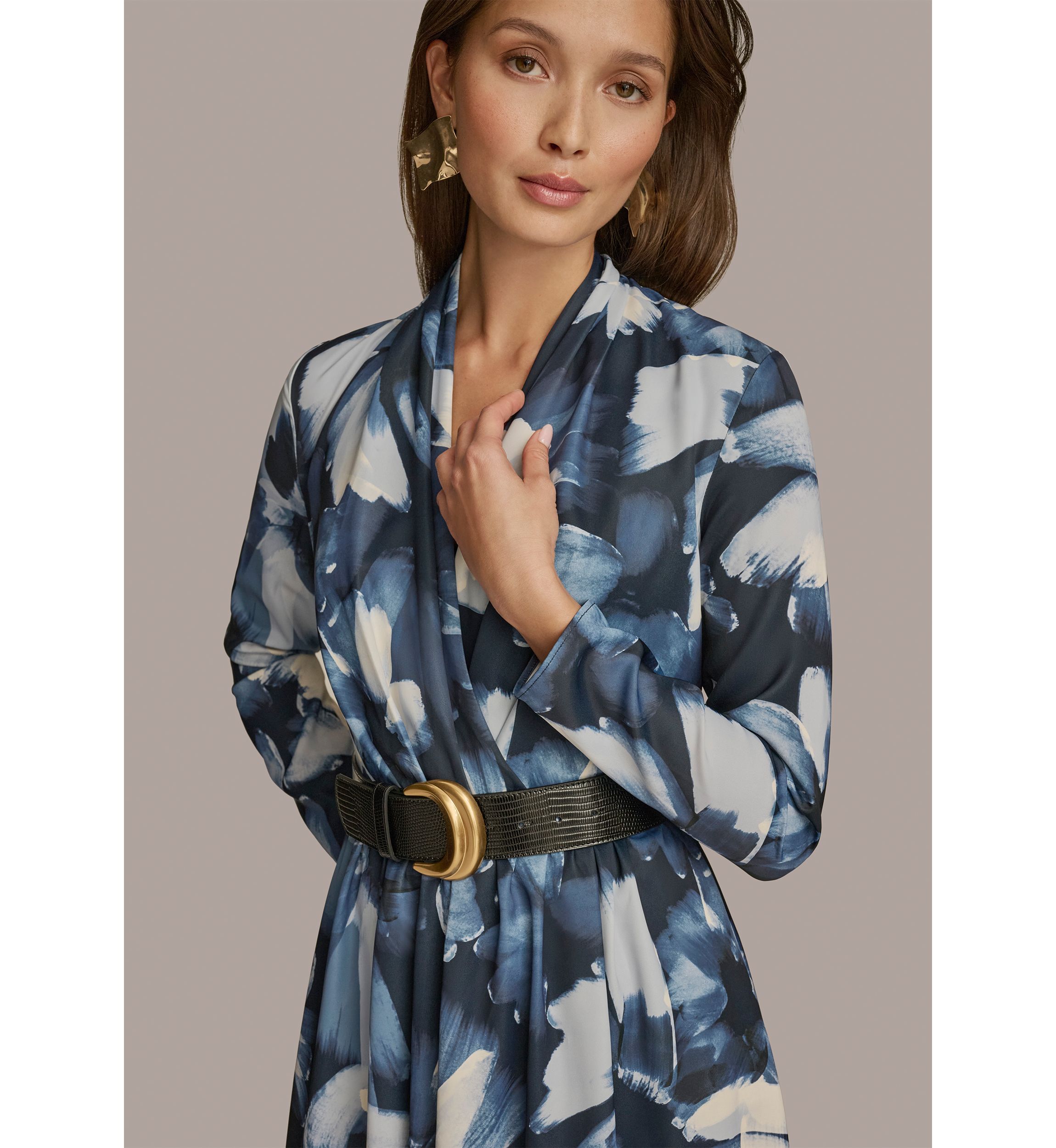 Plus Size Long Sleeve V-Neck Belted Floral Print Midi Dress