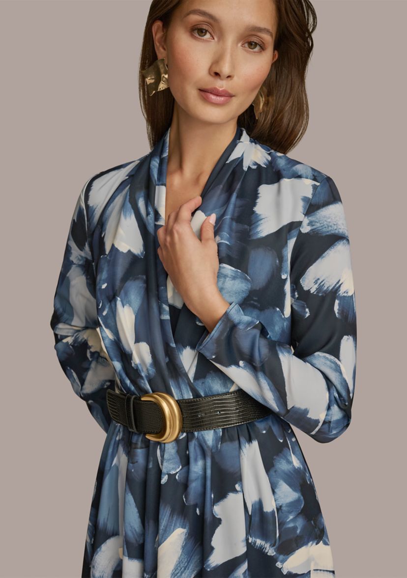 Plus Size Long Sleeve V-Neck Belted Floral Print Midi Dress