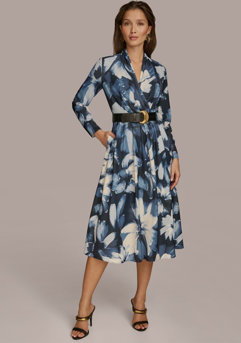 Plus Size Long Sleeve V-Neck Belted Floral Print Midi Dress