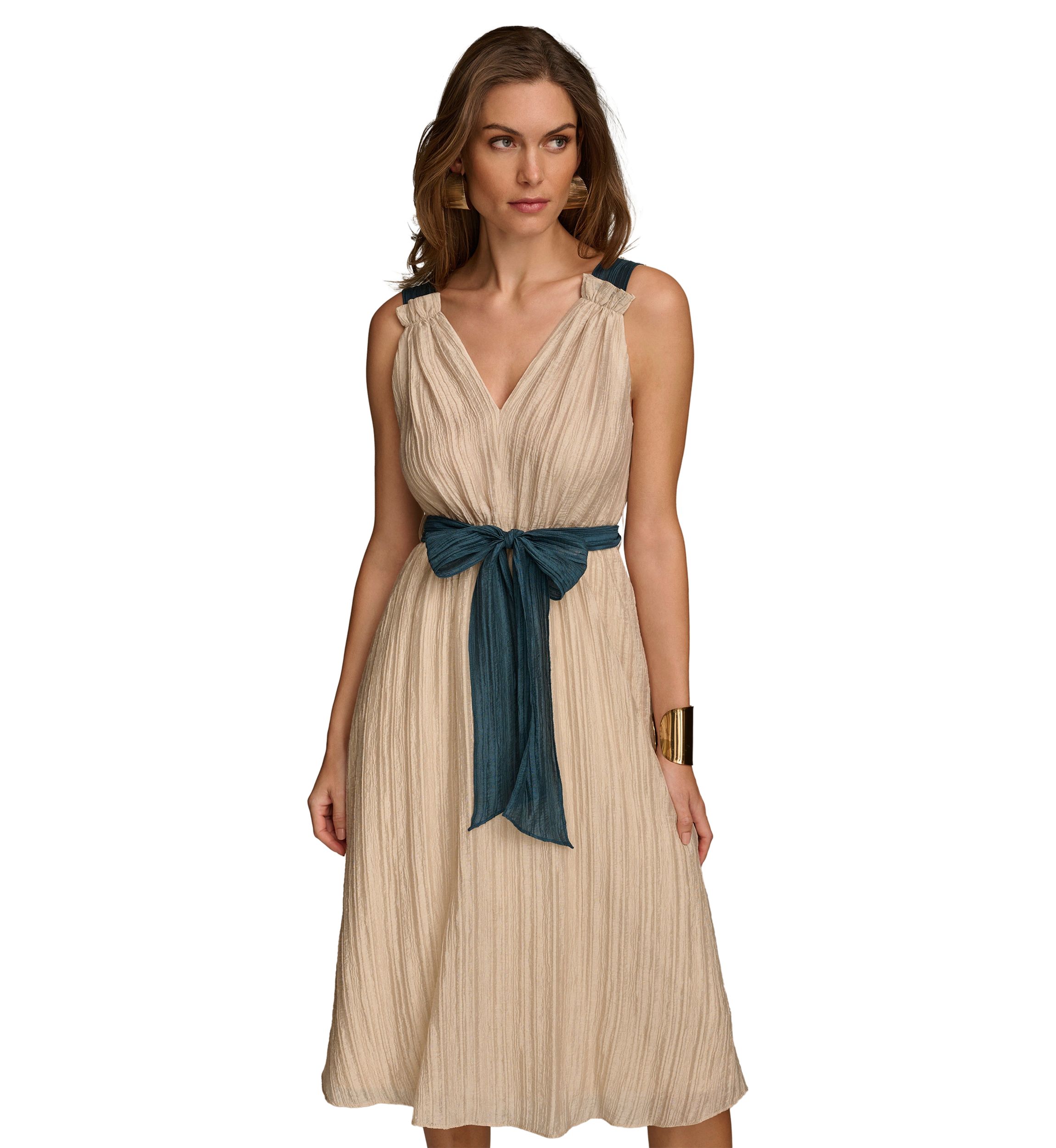Womens Sleeveless V-Neck Solid Organza Fit and Flare Dress