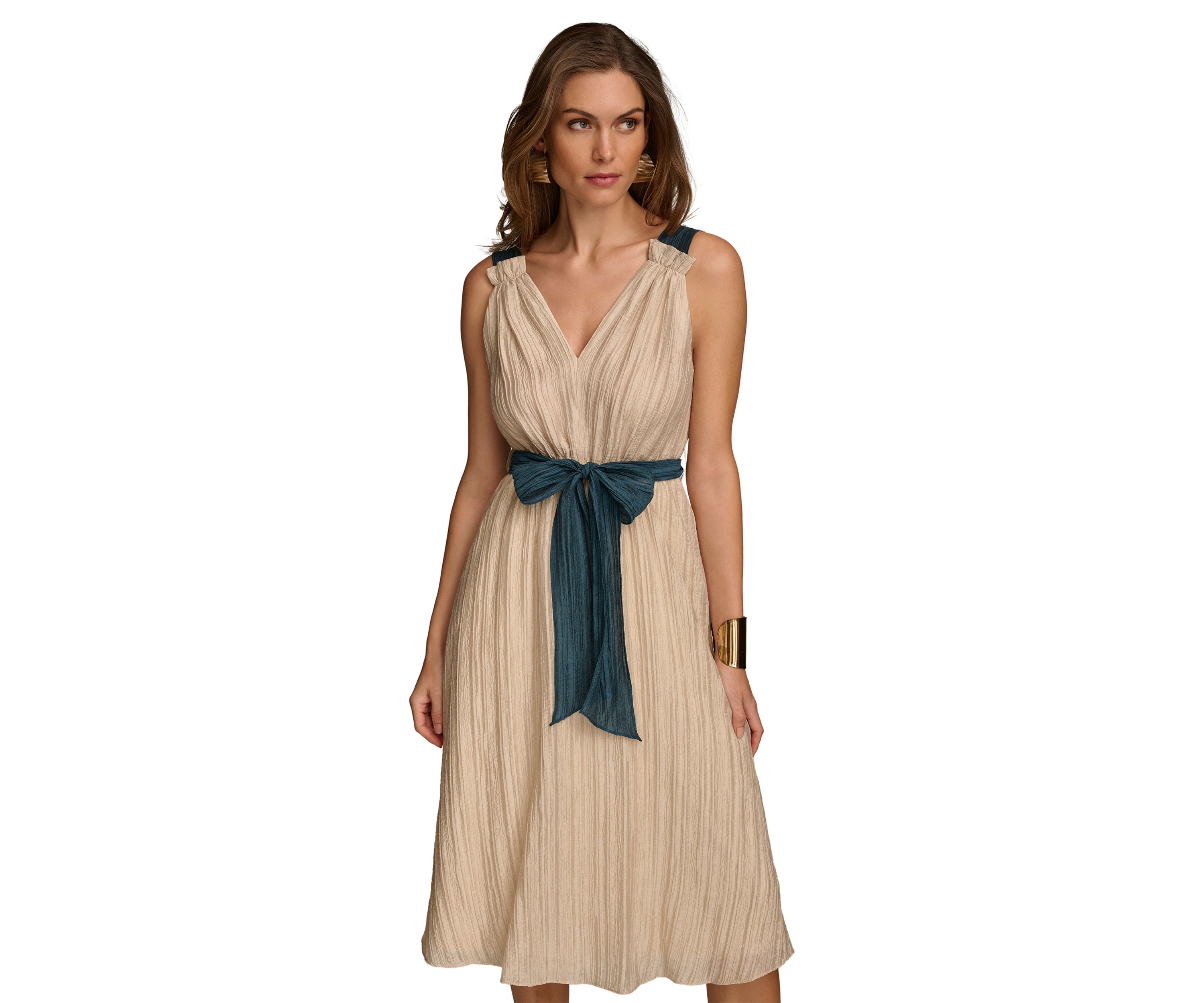 Womens Sleeveless V-Neck Solid Organza Fit and Flare Dress