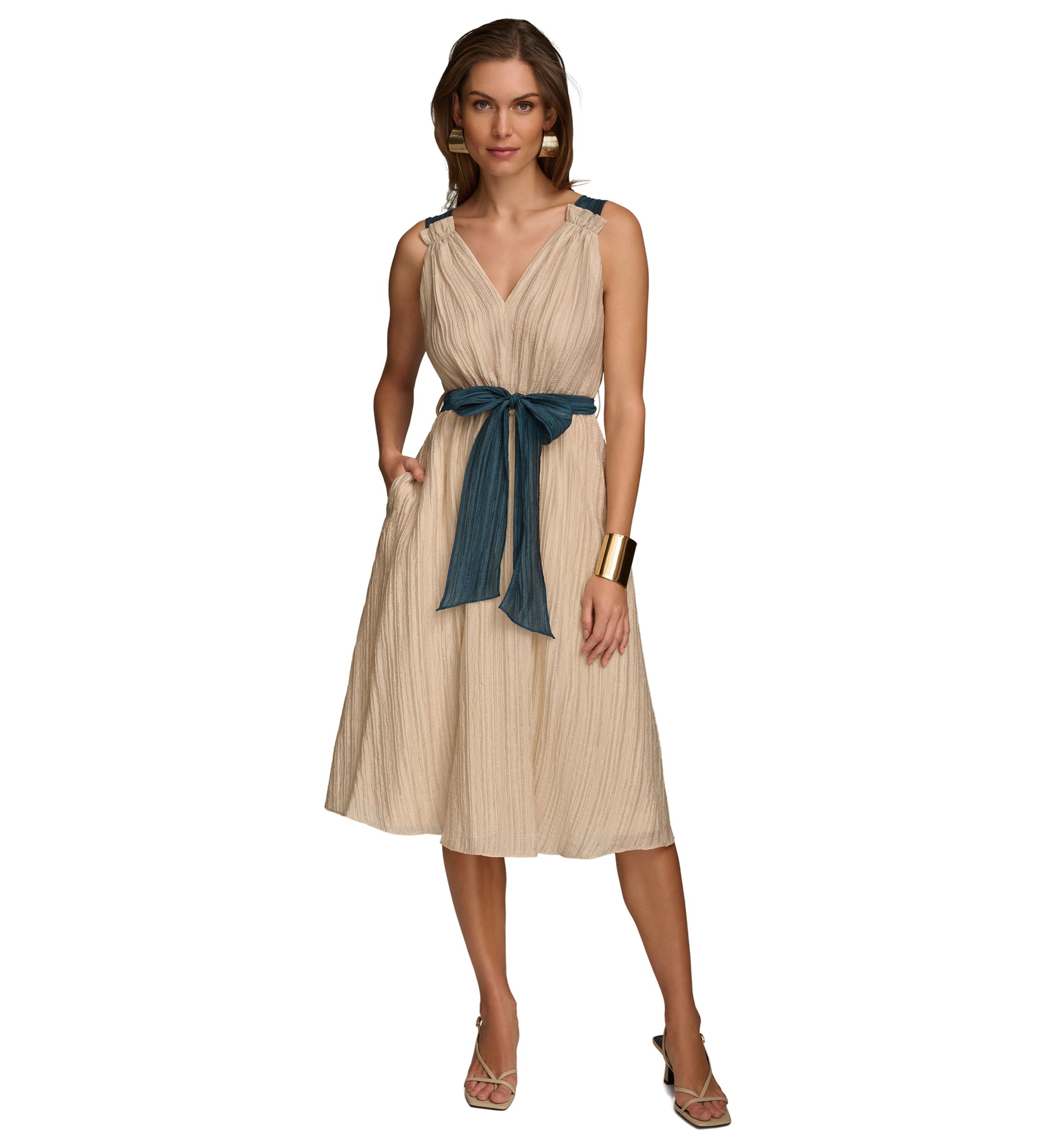 Womens Sleeveless V-Neck Solid Organza Fit and Flare Dress