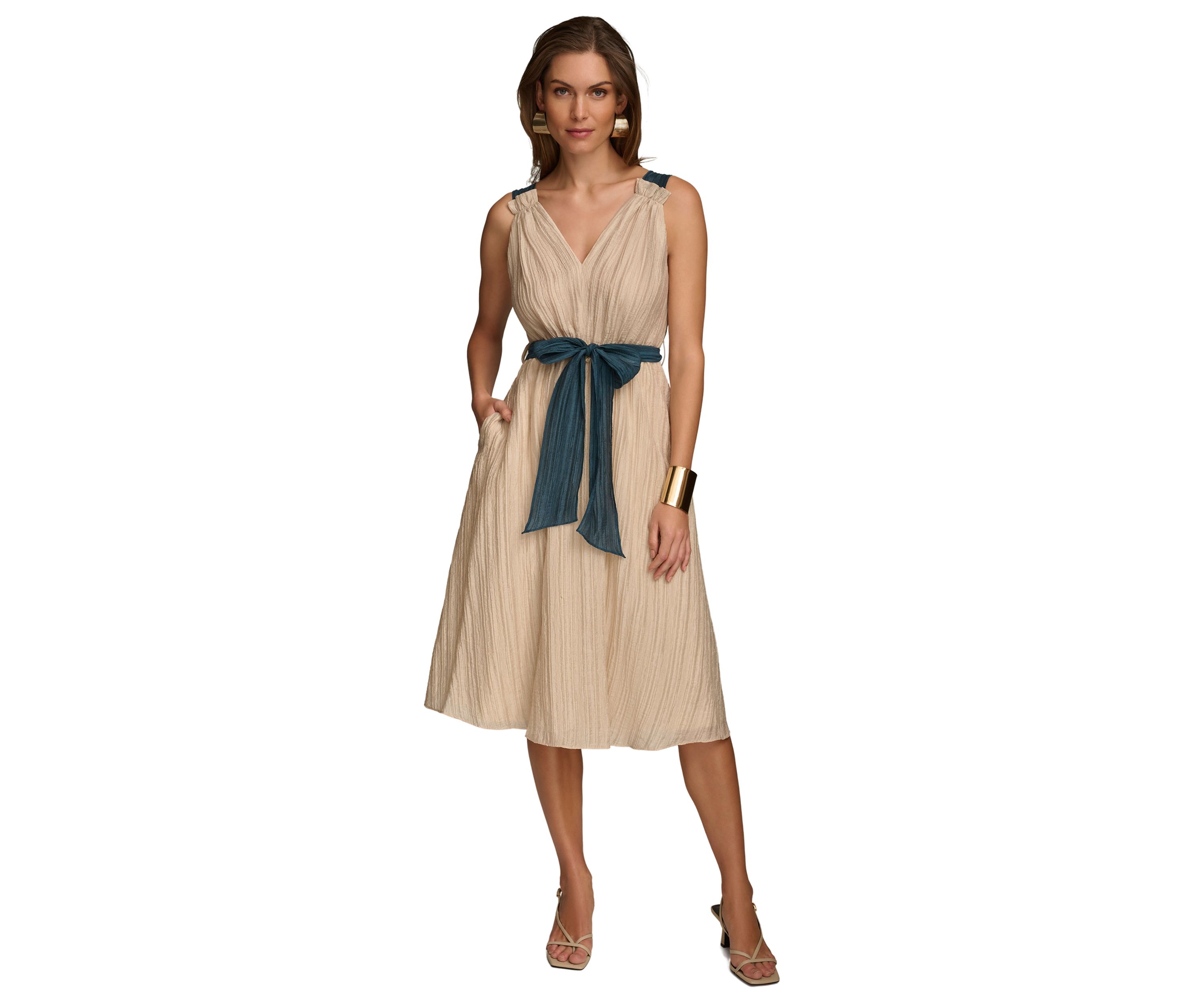 Womens Sleeveless V-Neck Solid Organza Fit and Flare Dress