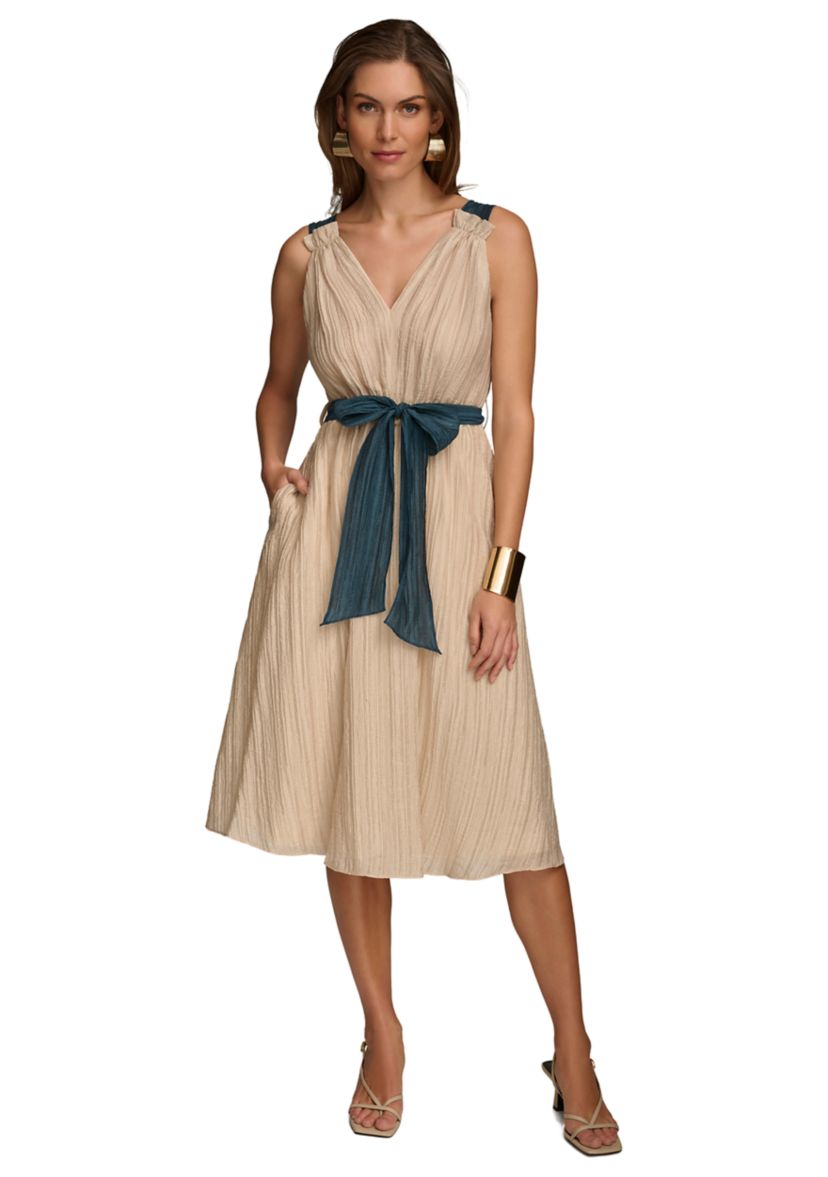 Womens Sleeveless V-Neck Solid Organza Fit and Flare Dress