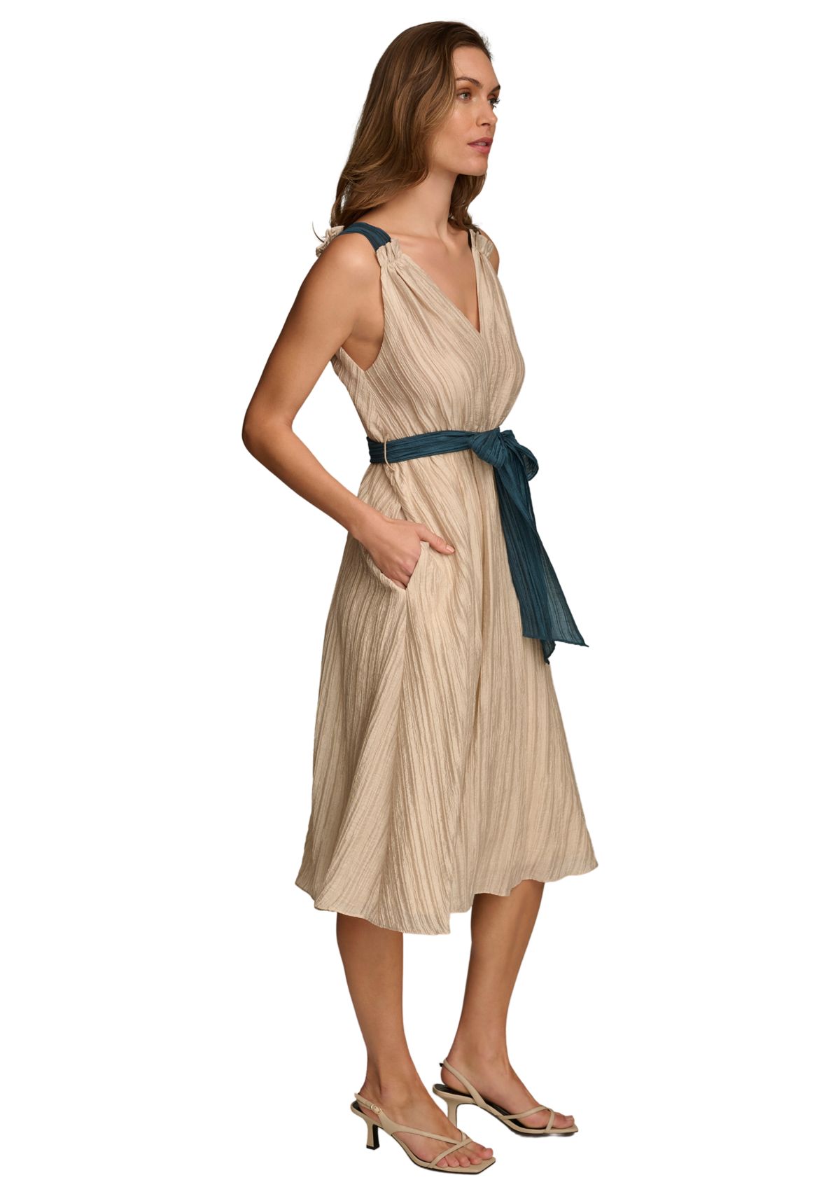 Womens Sleeveless V-Neck Solid Organza Fit and Flare Dress
