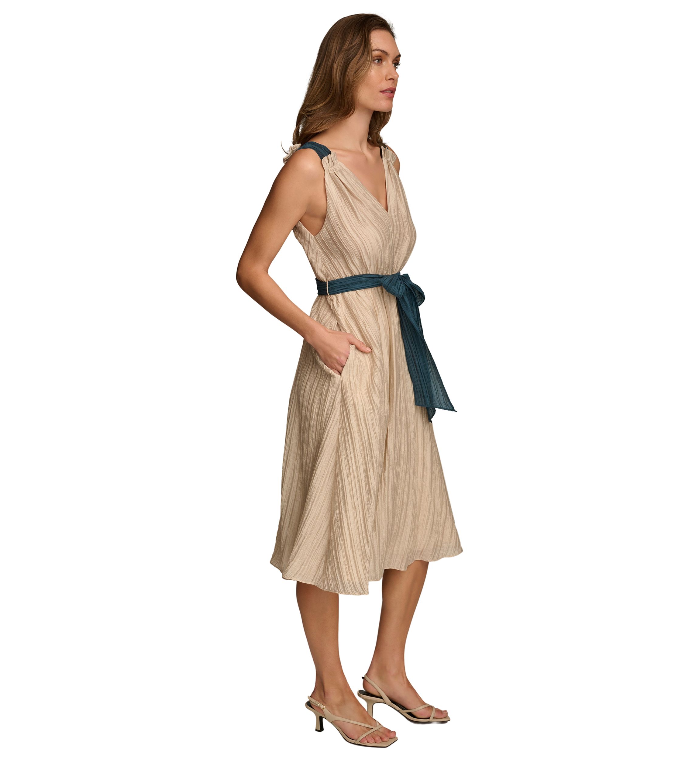 Womens Sleeveless V-Neck Solid Organza Fit and Flare Dress