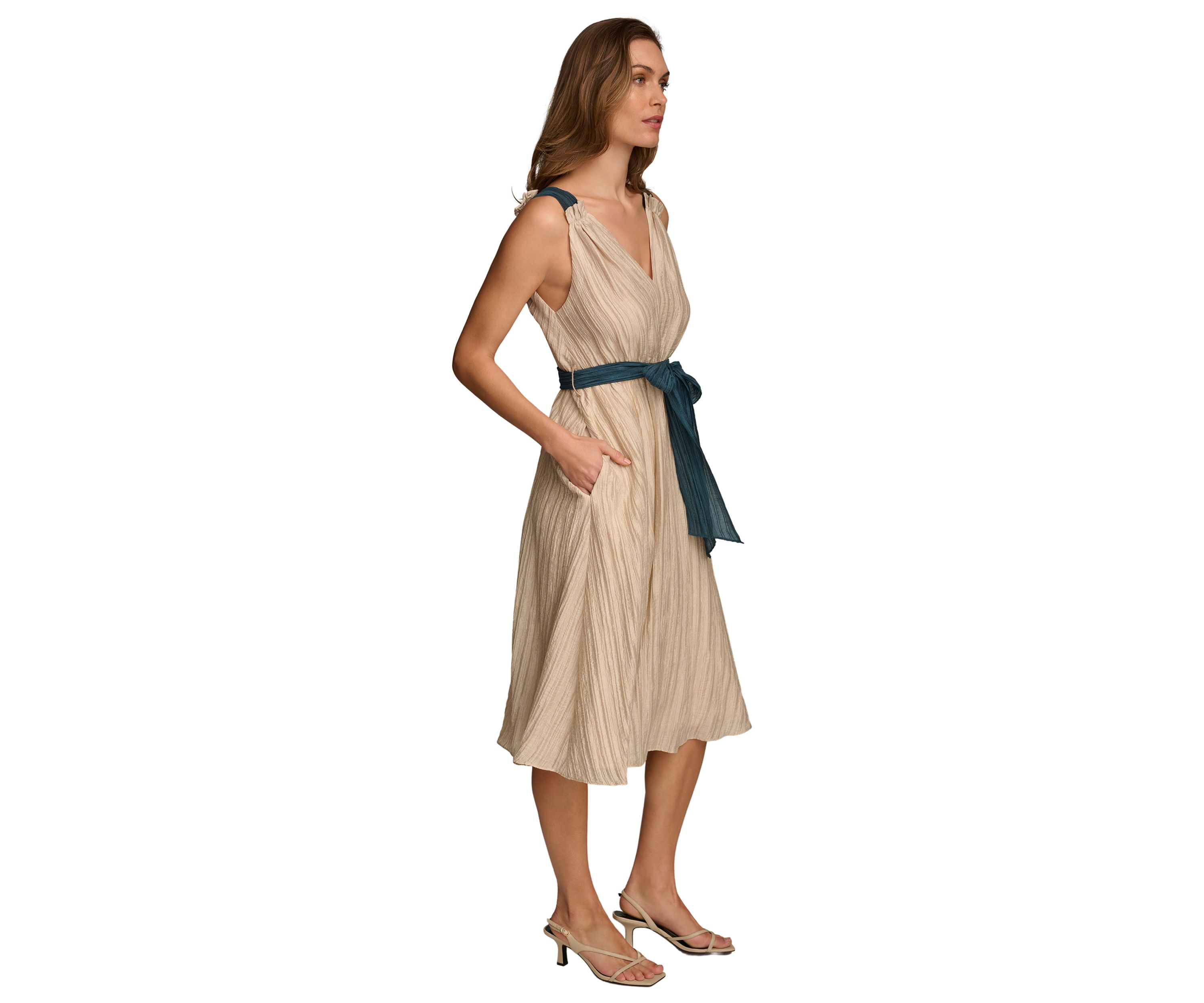 Womens Sleeveless V-Neck Solid Organza Fit and Flare Dress