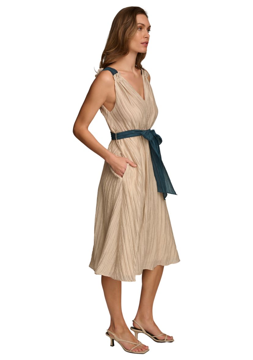 Womens Sleeveless V-Neck Solid Organza Fit and Flare Dress