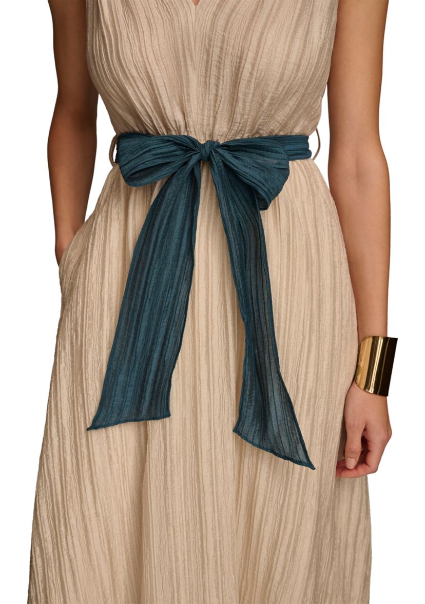 Womens Sleeveless V-Neck Solid Organza Fit and Flare Dress