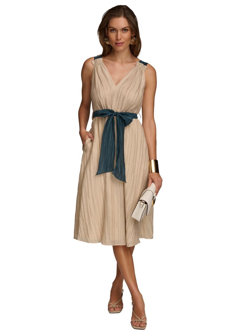 Womens Sleeveless V-Neck Solid Organza Fit and Flare Dress