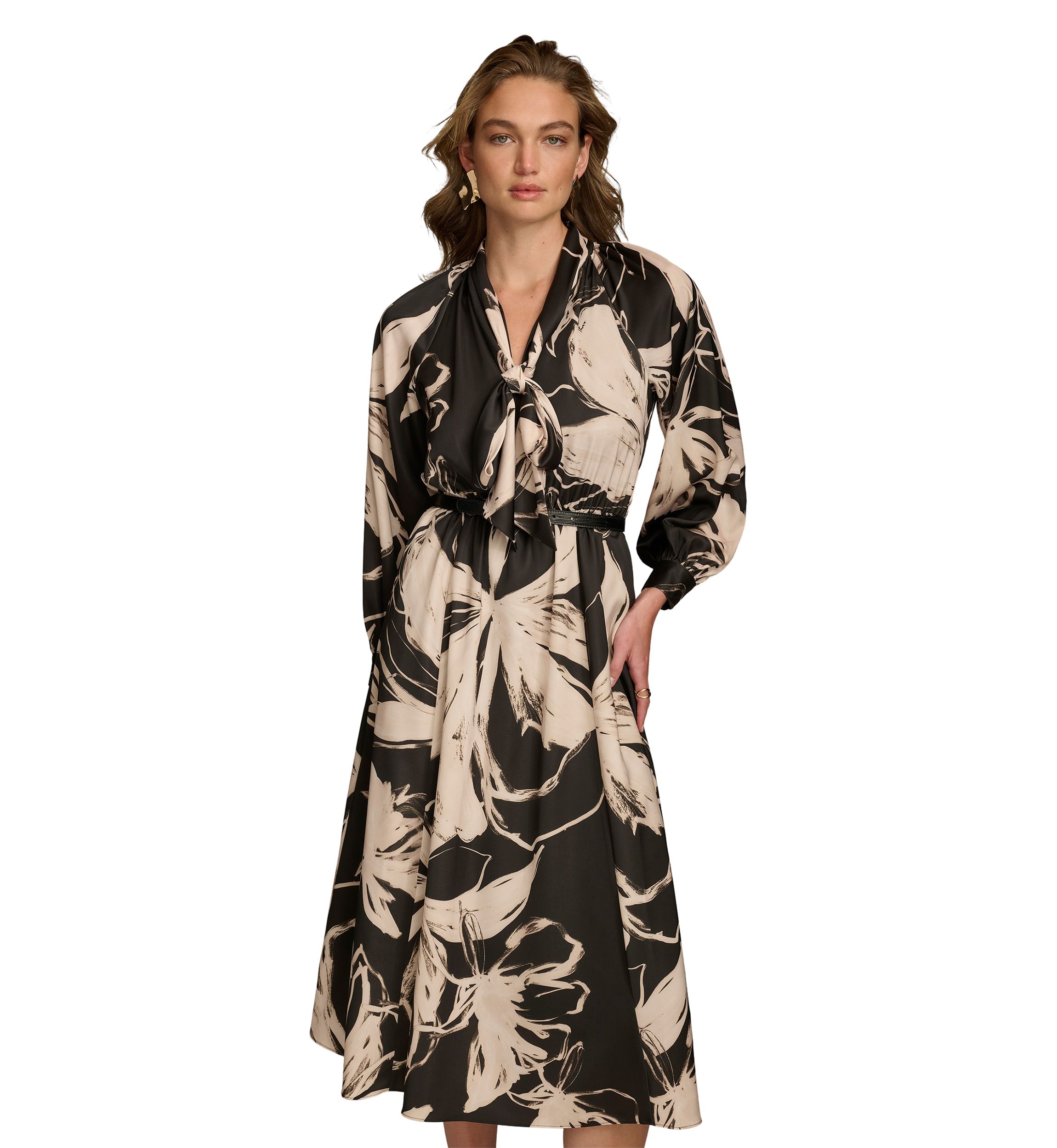 Womens Blouson Sleeve Abstract Print Maxi Dress