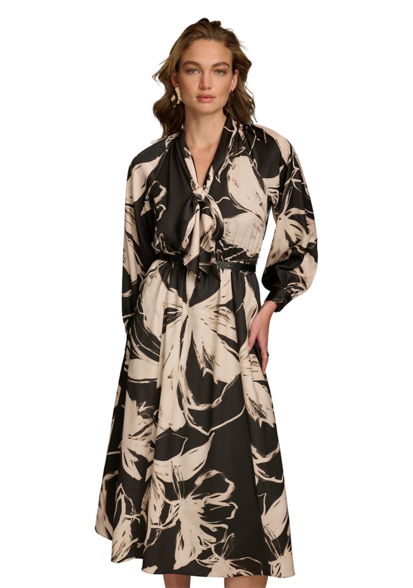 Womens Blouson Sleeve Abstract Print Maxi Dress