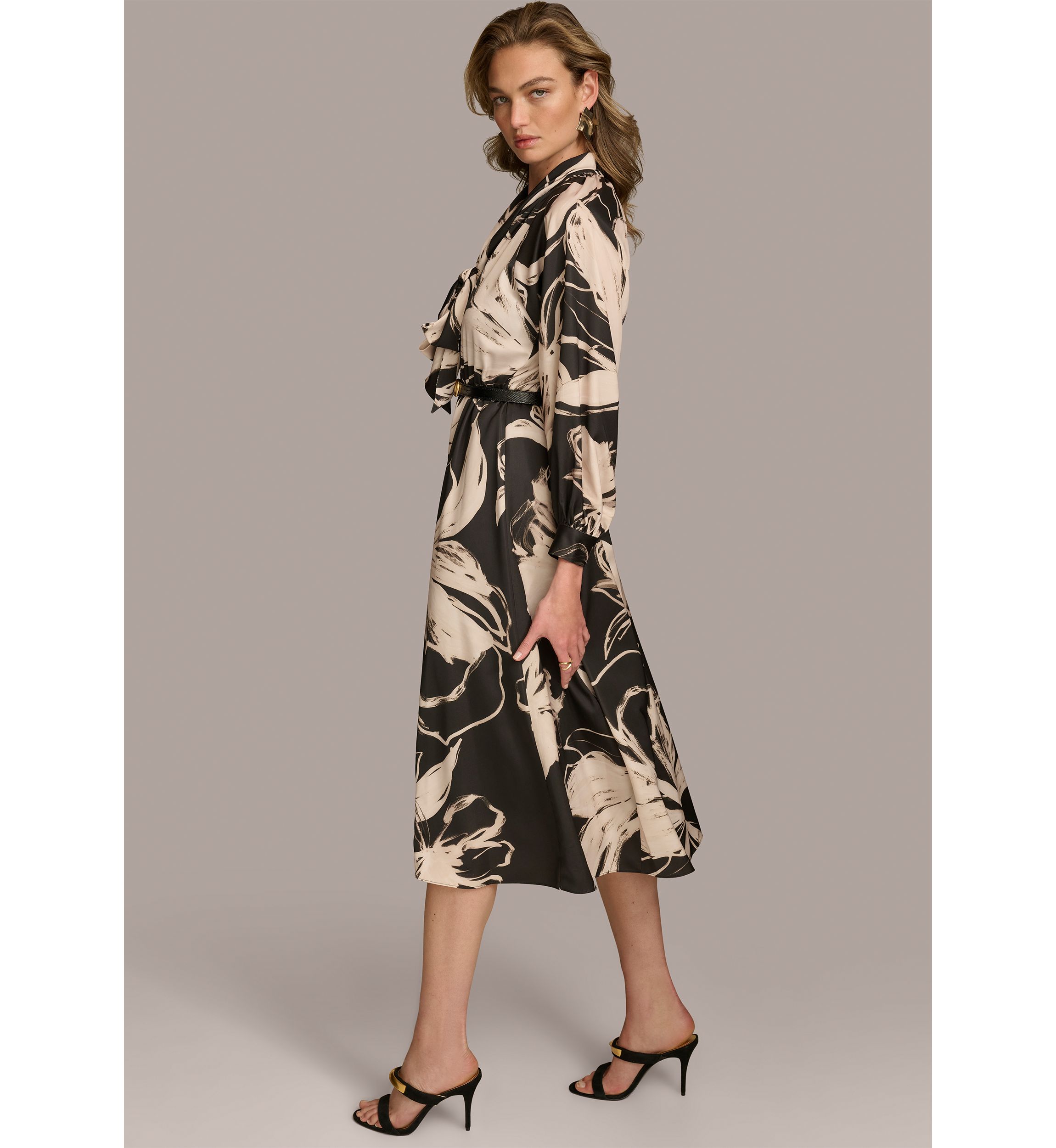Womens Blouson Sleeve Abstract Print Maxi Dress