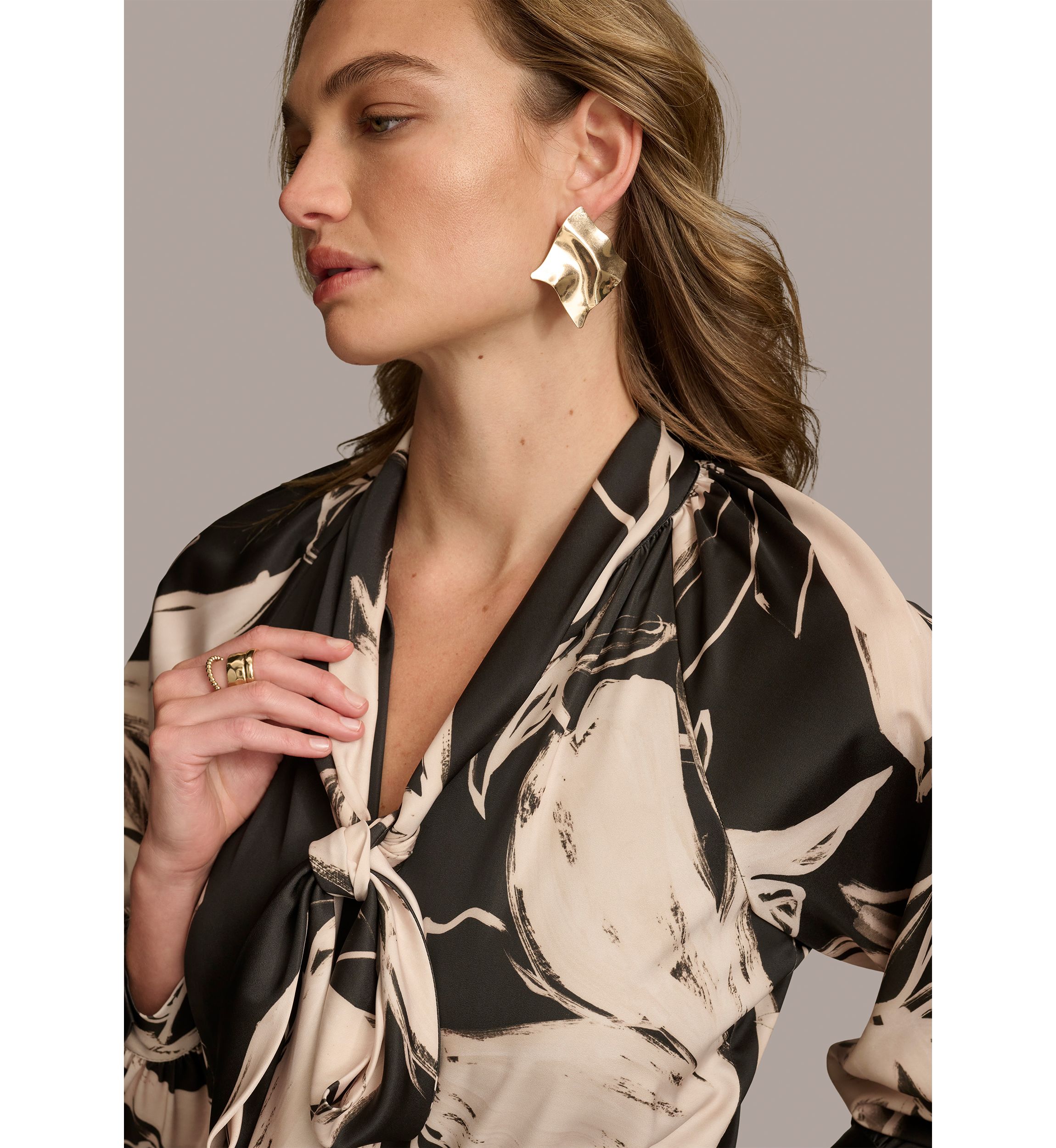 Womens Blouson Sleeve Abstract Print Maxi Dress
