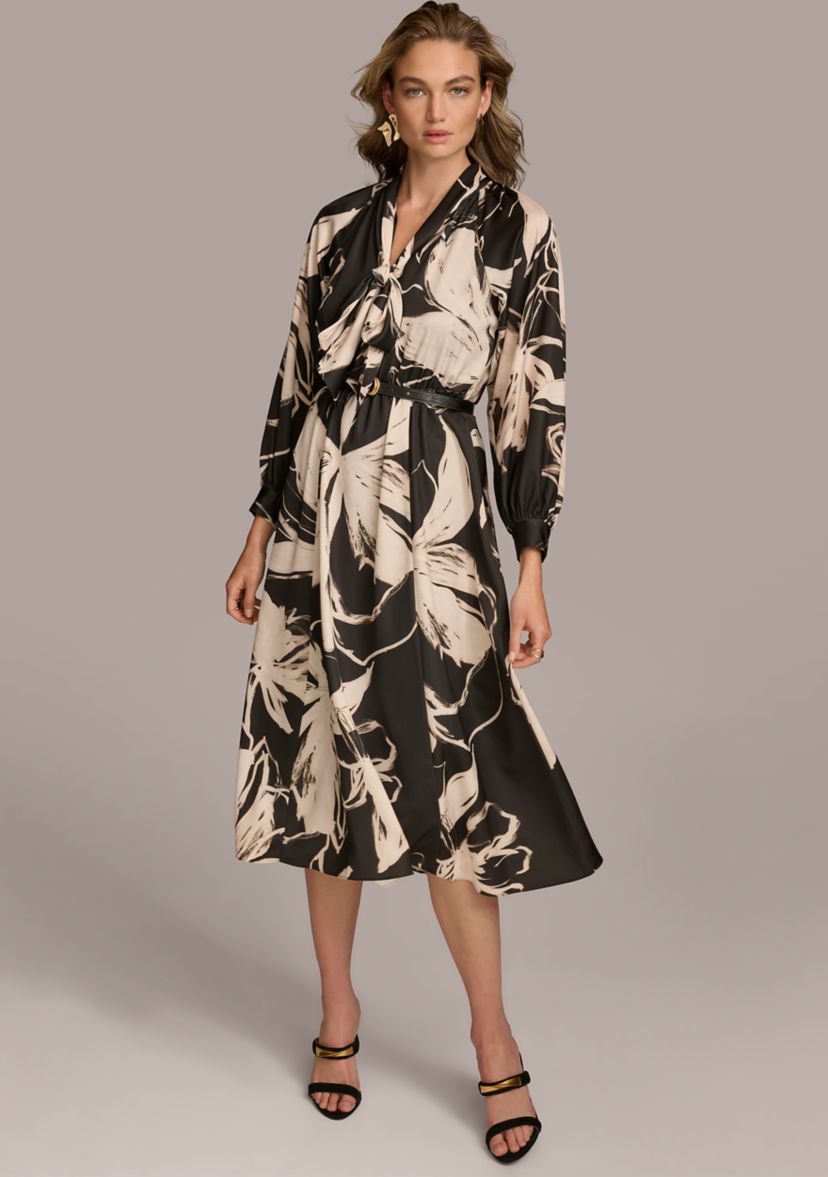 Womens Blouson Sleeve Abstract Print Maxi Dress