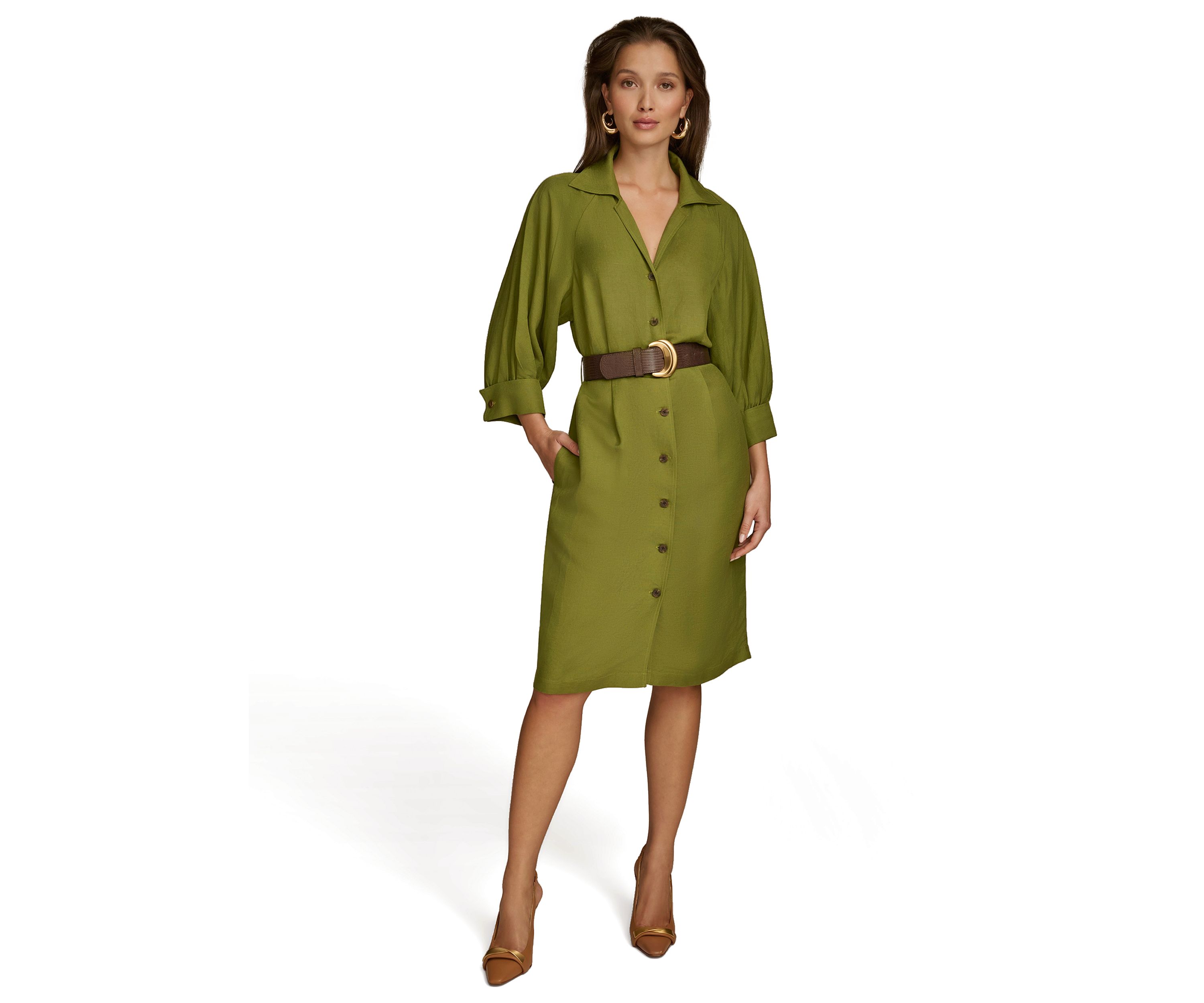 Womens 3/4 Sleeve Collar Belted Solid Sheath Dress