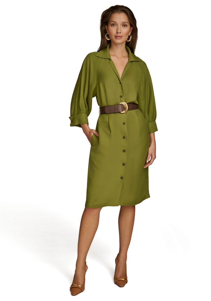 Womens 3/4 Sleeve Collar Belted Solid Sheath Dress