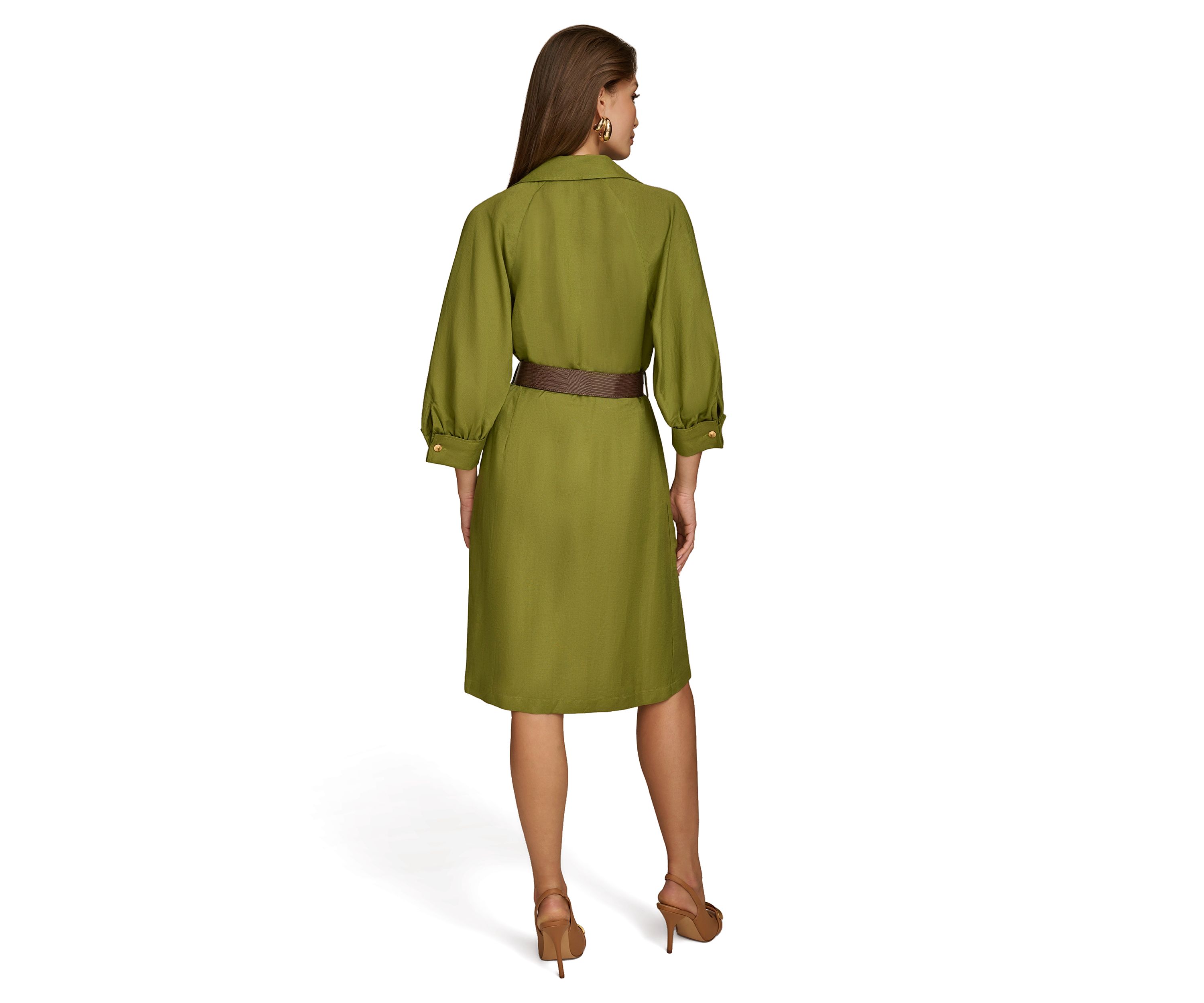 Womens 3/4 Sleeve Collar Belted Solid Sheath Dress