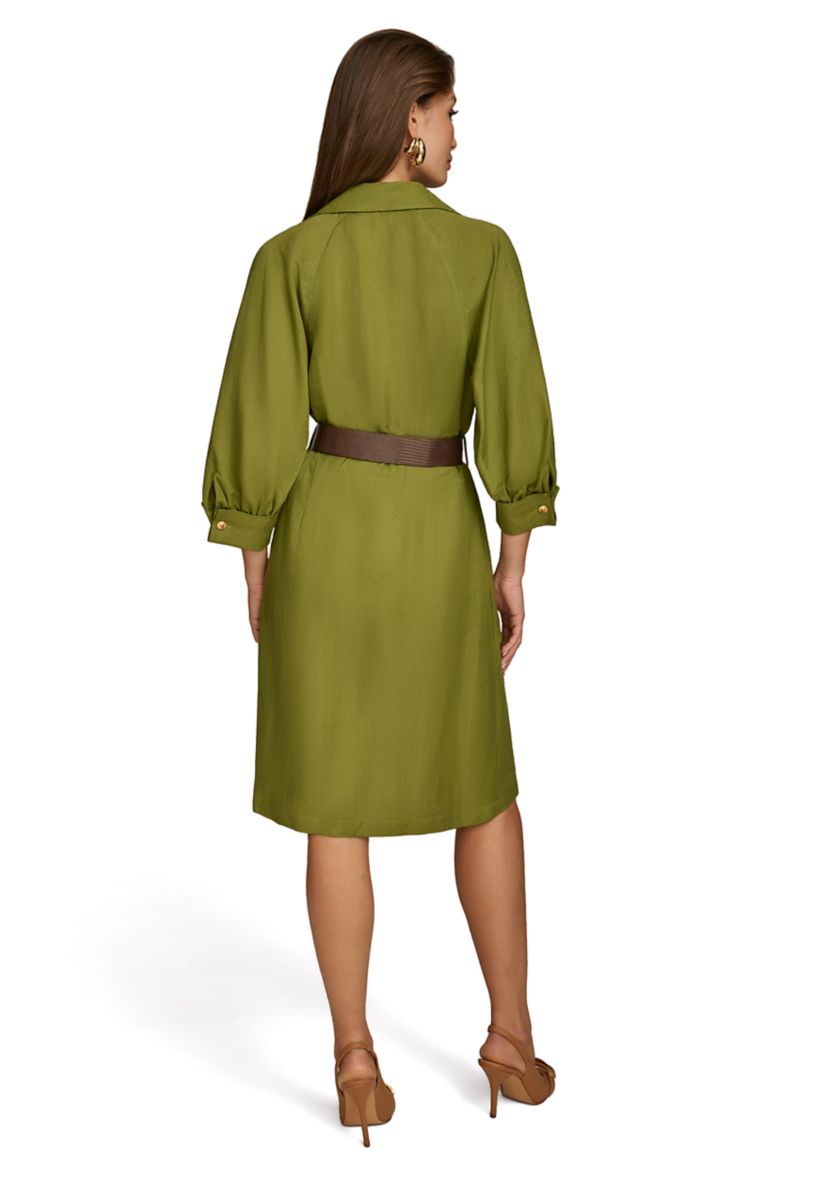 Womens 3/4 Sleeve Collar Belted Solid Sheath Dress