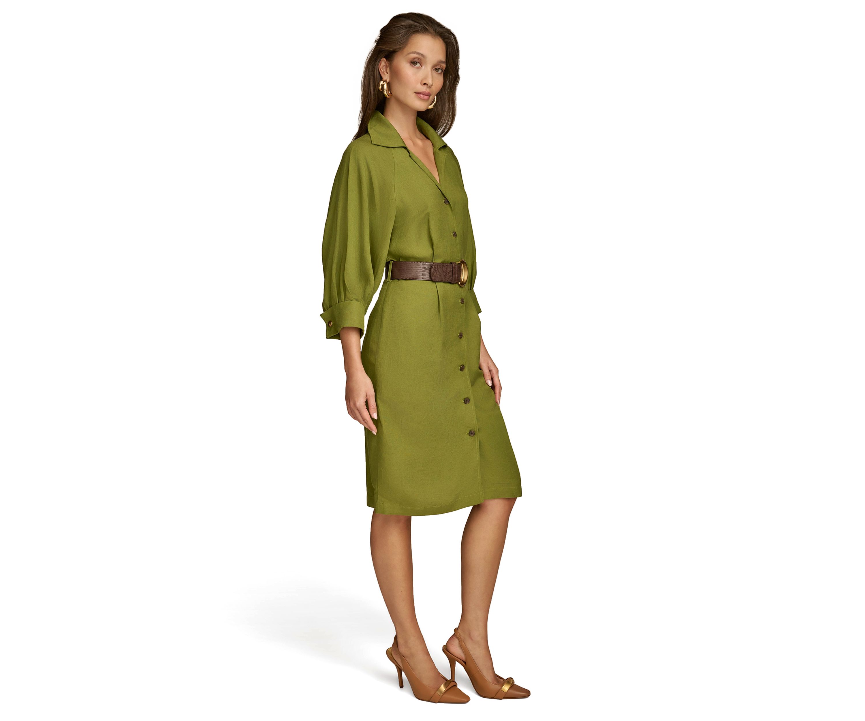 Womens 3/4 Sleeve Collar Belted Solid Sheath Dress