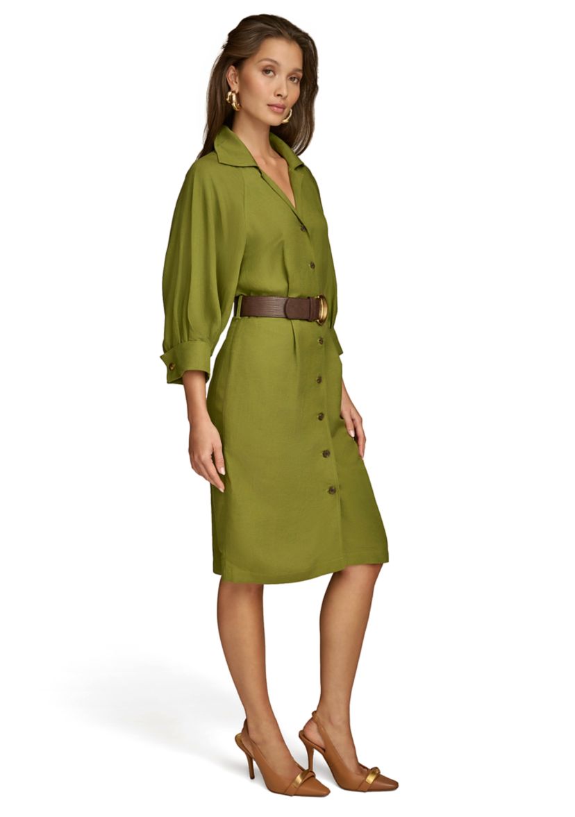 Womens 3/4 Sleeve Collar Belted Solid Sheath Dress
