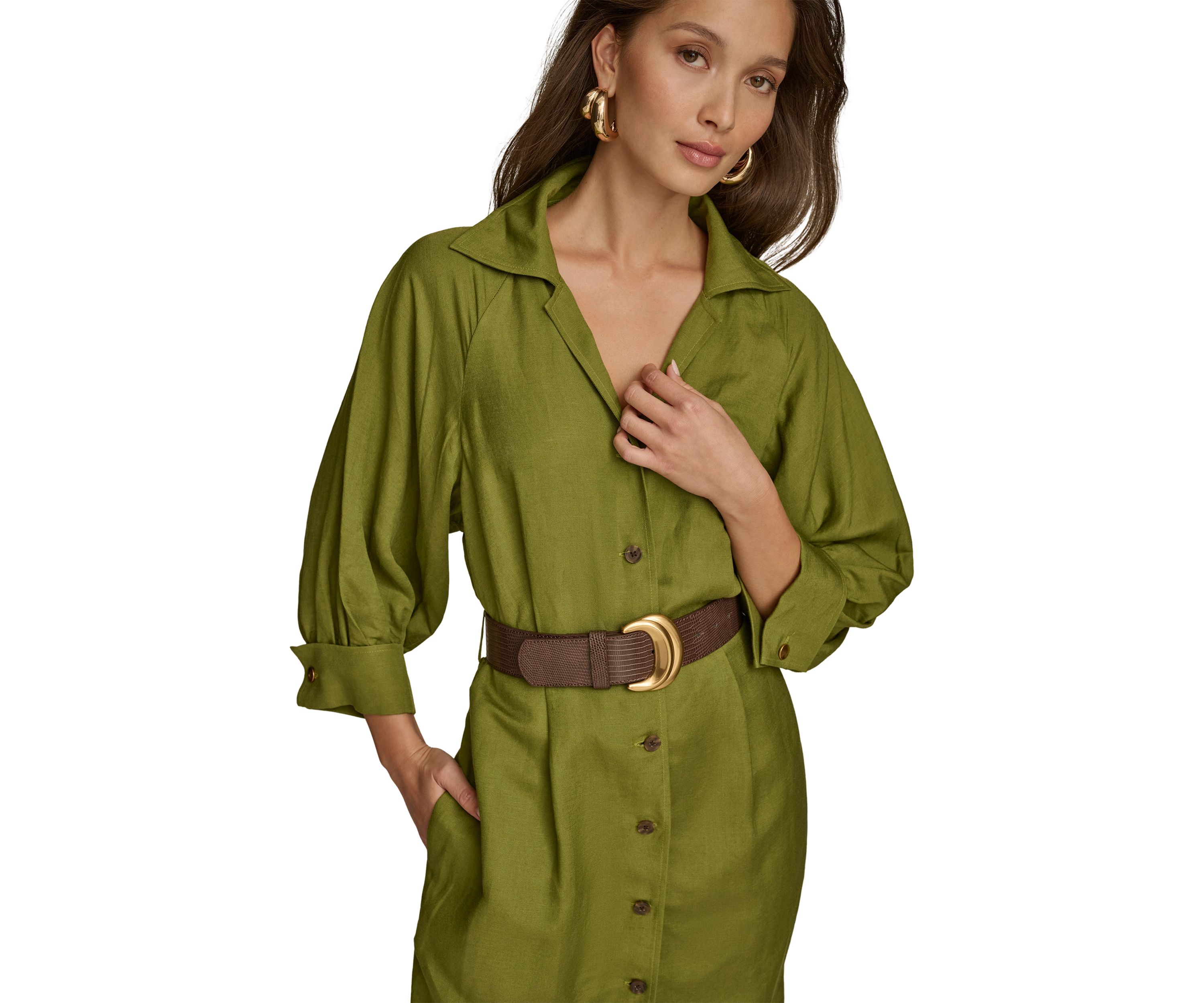 Womens 3/4 Sleeve Collar Belted Solid Sheath Dress