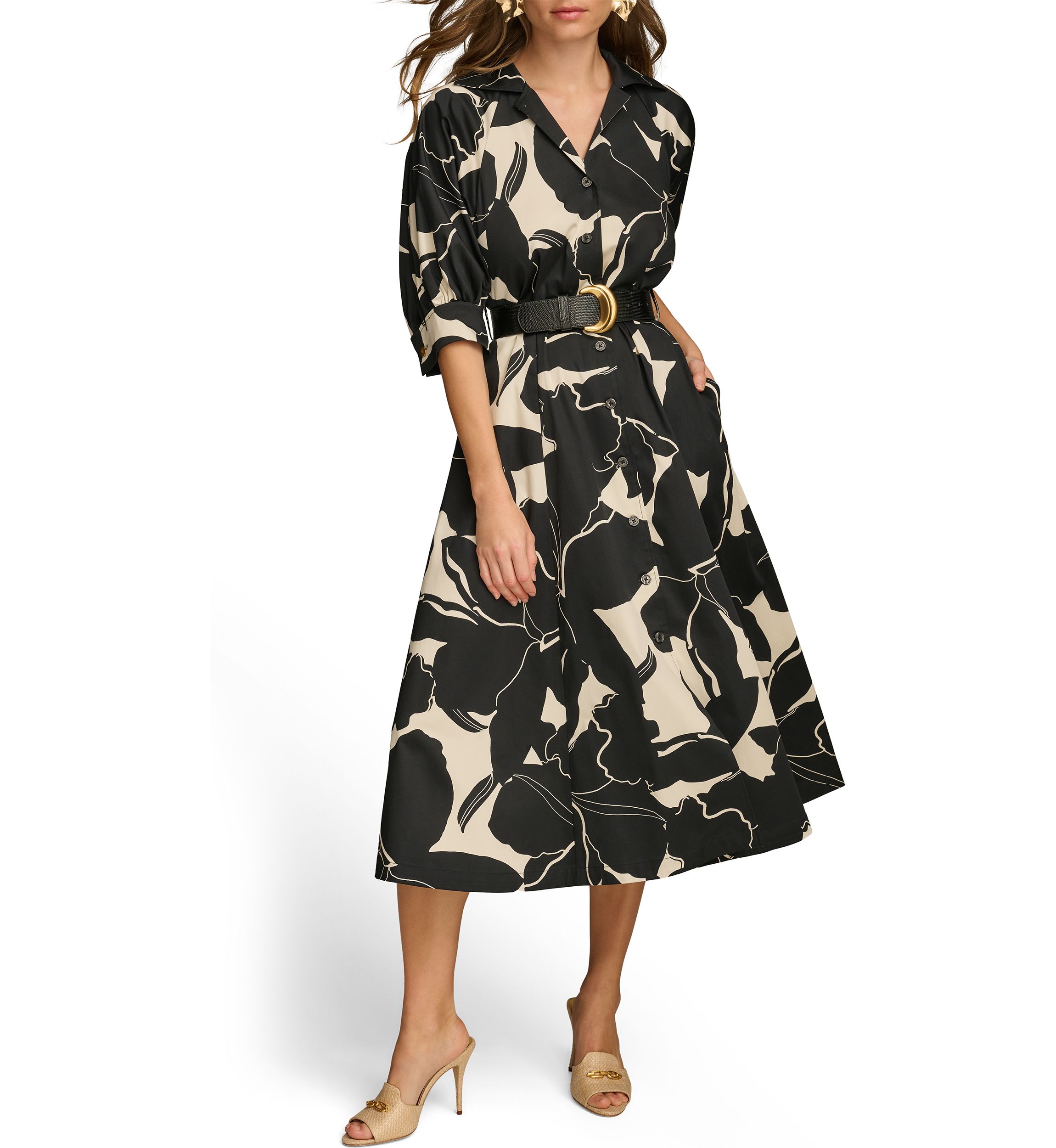 Womens Elbow Sleeve Printed Collar Neck Fit and Flare Midi Dress