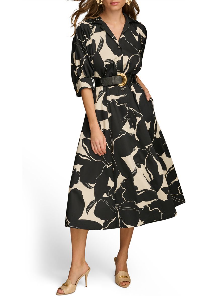 Womens Elbow Sleeve Printed Collar Neck Fit and Flare Midi Dress