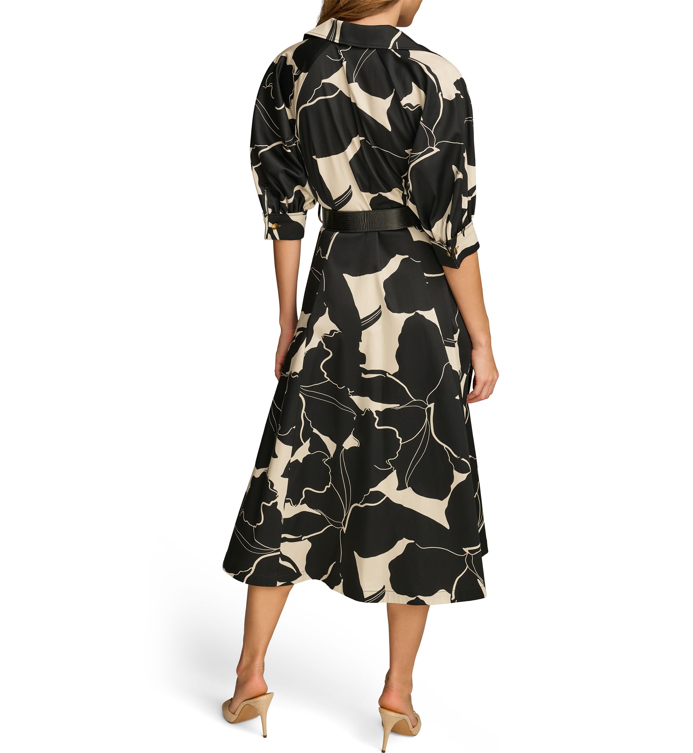 Womens Elbow Sleeve Printed Collar Neck Fit and Flare Midi Dress