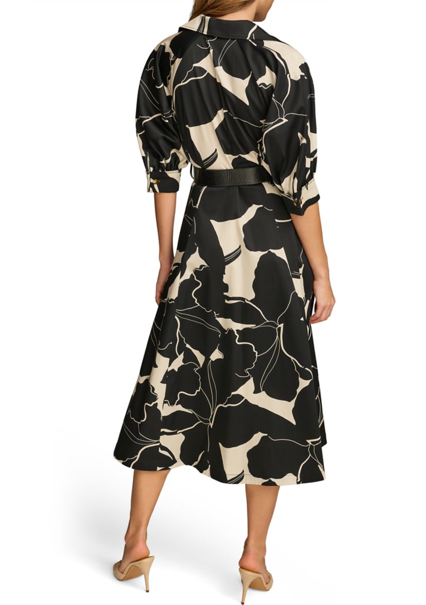 Womens Elbow Sleeve Printed Collar Neck Fit and Flare Midi Dress