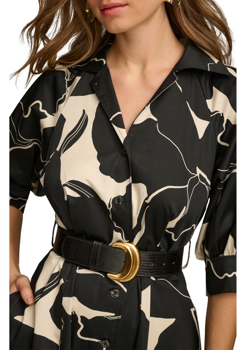 Womens Elbow Sleeve Printed Collar Neck Fit and Flare Midi Dress