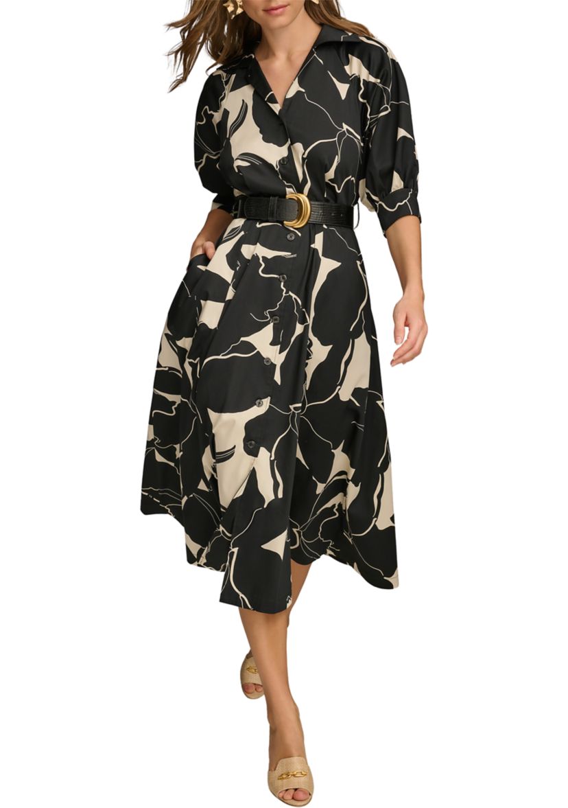 Womens Elbow Sleeve Printed Collar Neck Fit and Flare Midi Dress