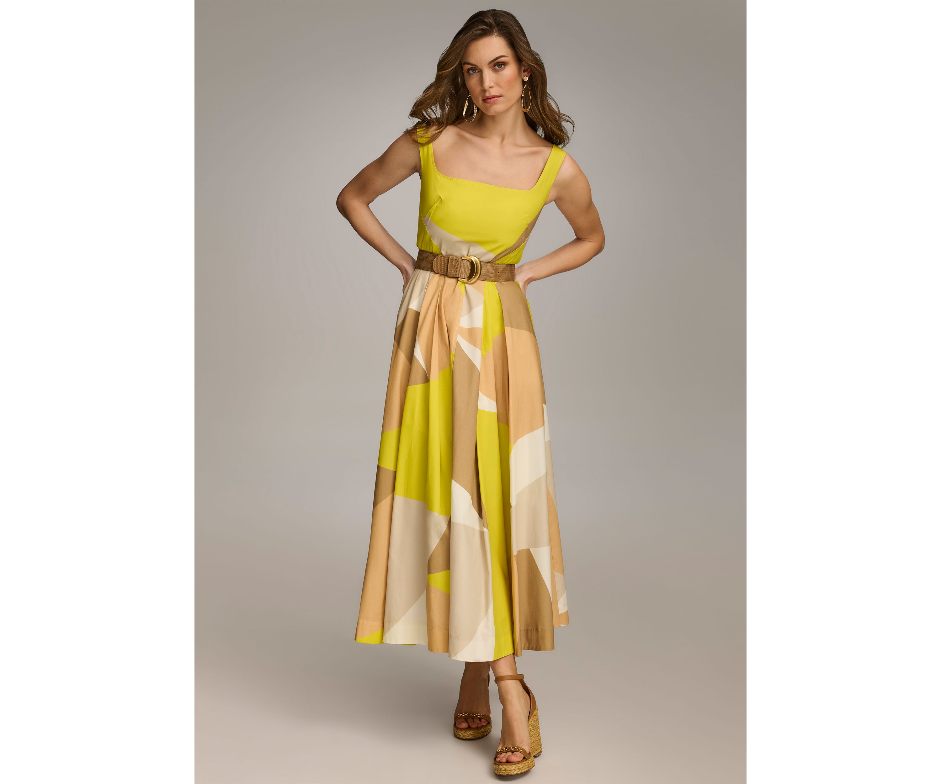 Womens Sleeveless Square Neck Abstract Print Fit and Flare Dress