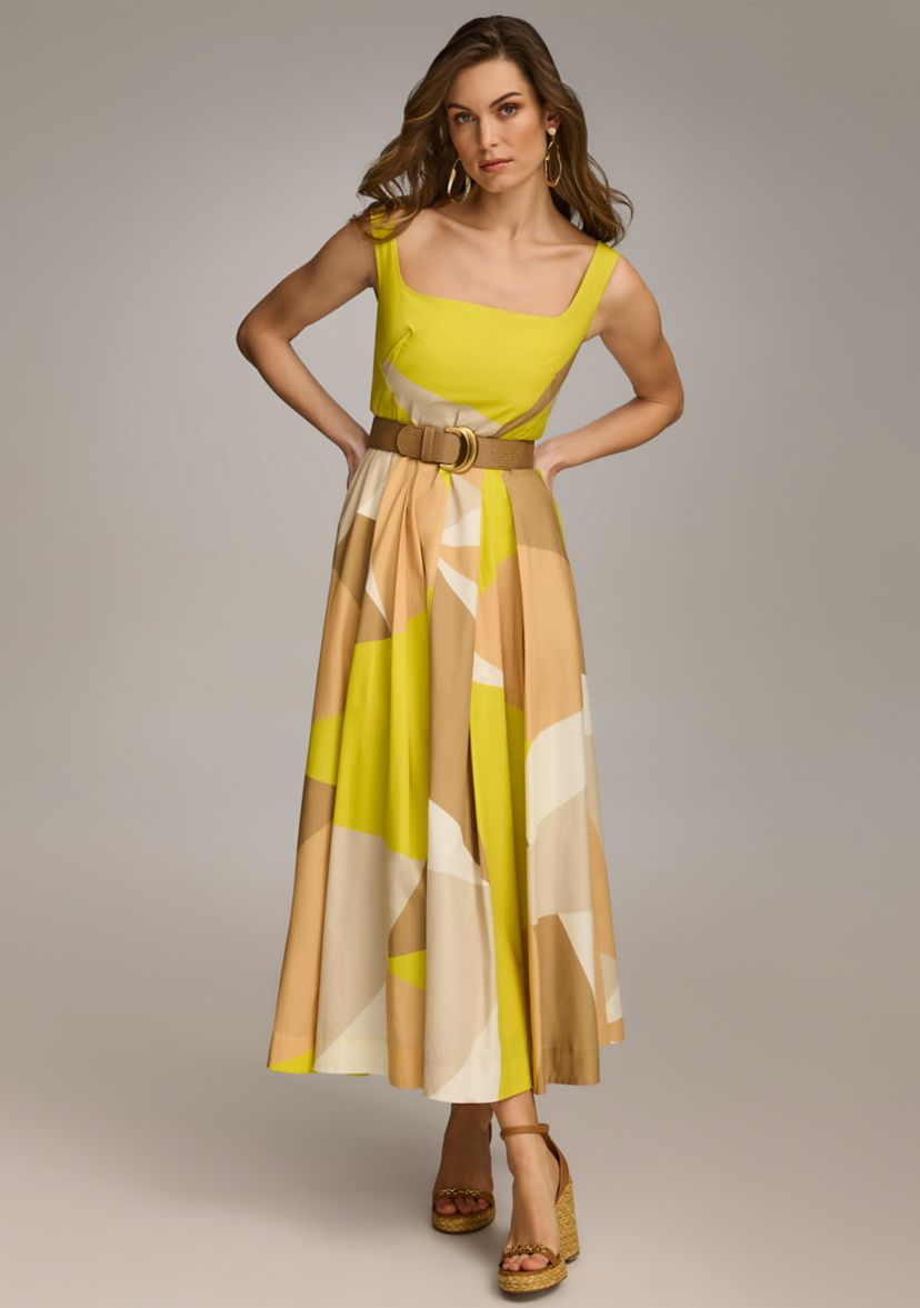 Womens Sleeveless Square Neck Abstract Print Fit and Flare Dress
