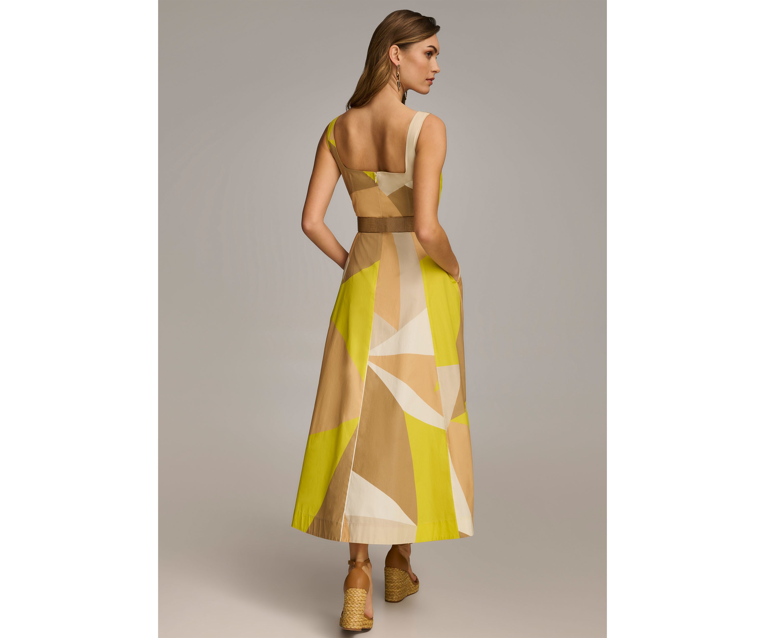 Womens Sleeveless Square Neck Abstract Print Fit and Flare Dress