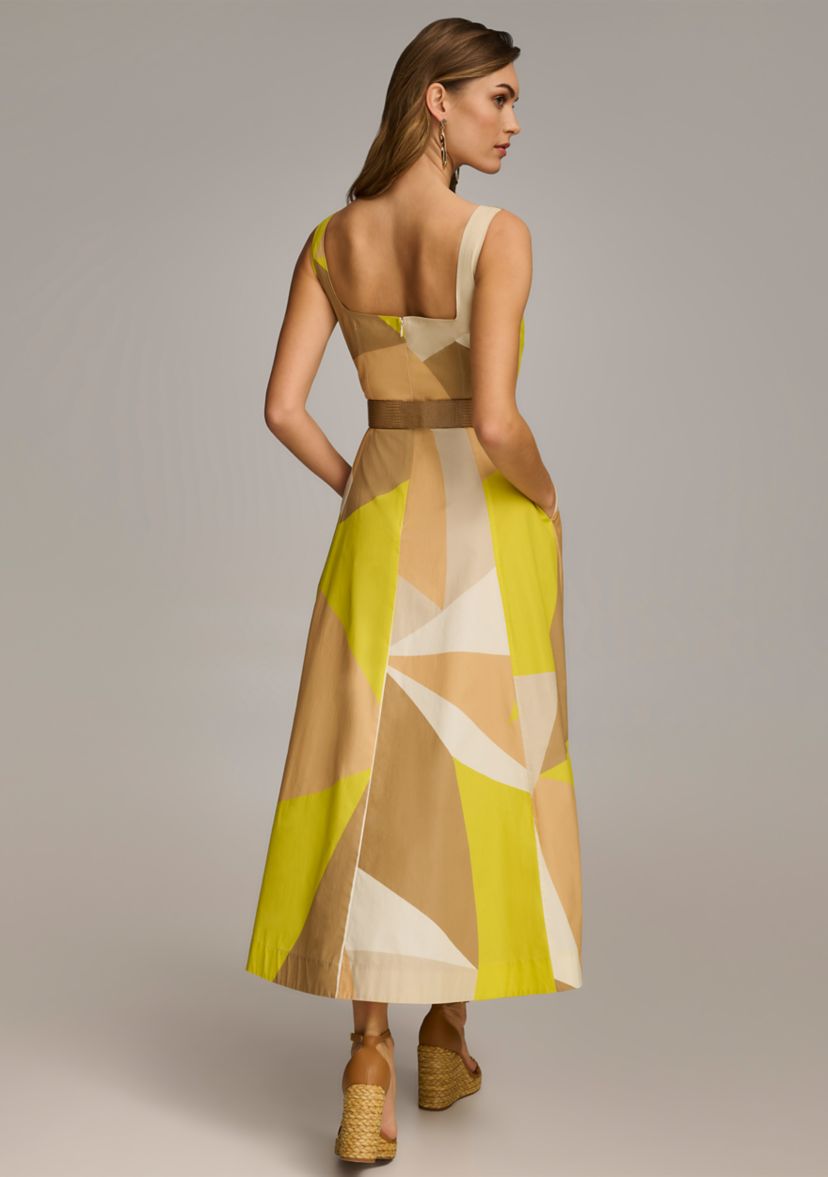 Womens Sleeveless Square Neck Abstract Print Fit and Flare Dress