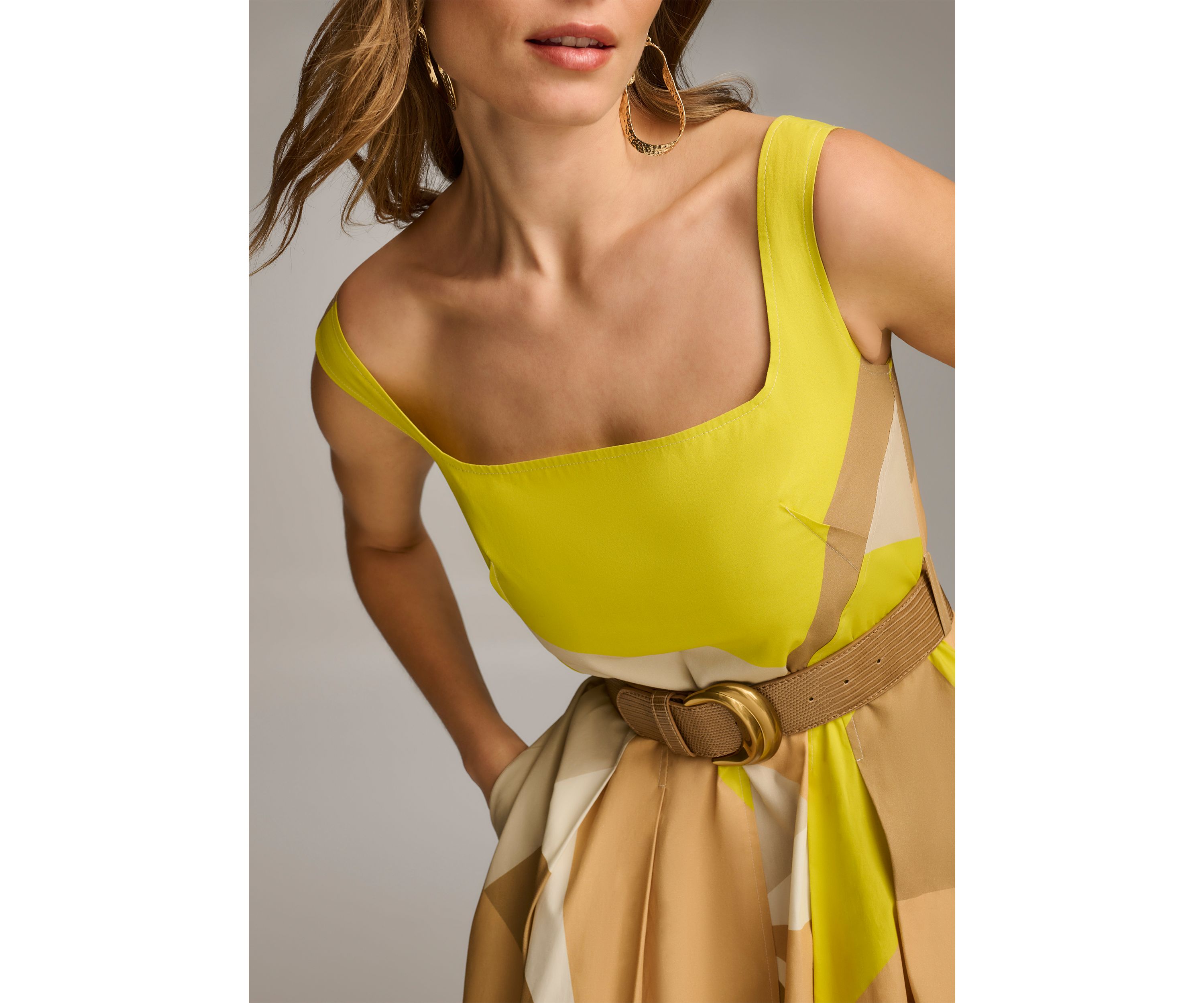 Womens Sleeveless Square Neck Abstract Print Fit and Flare Dress