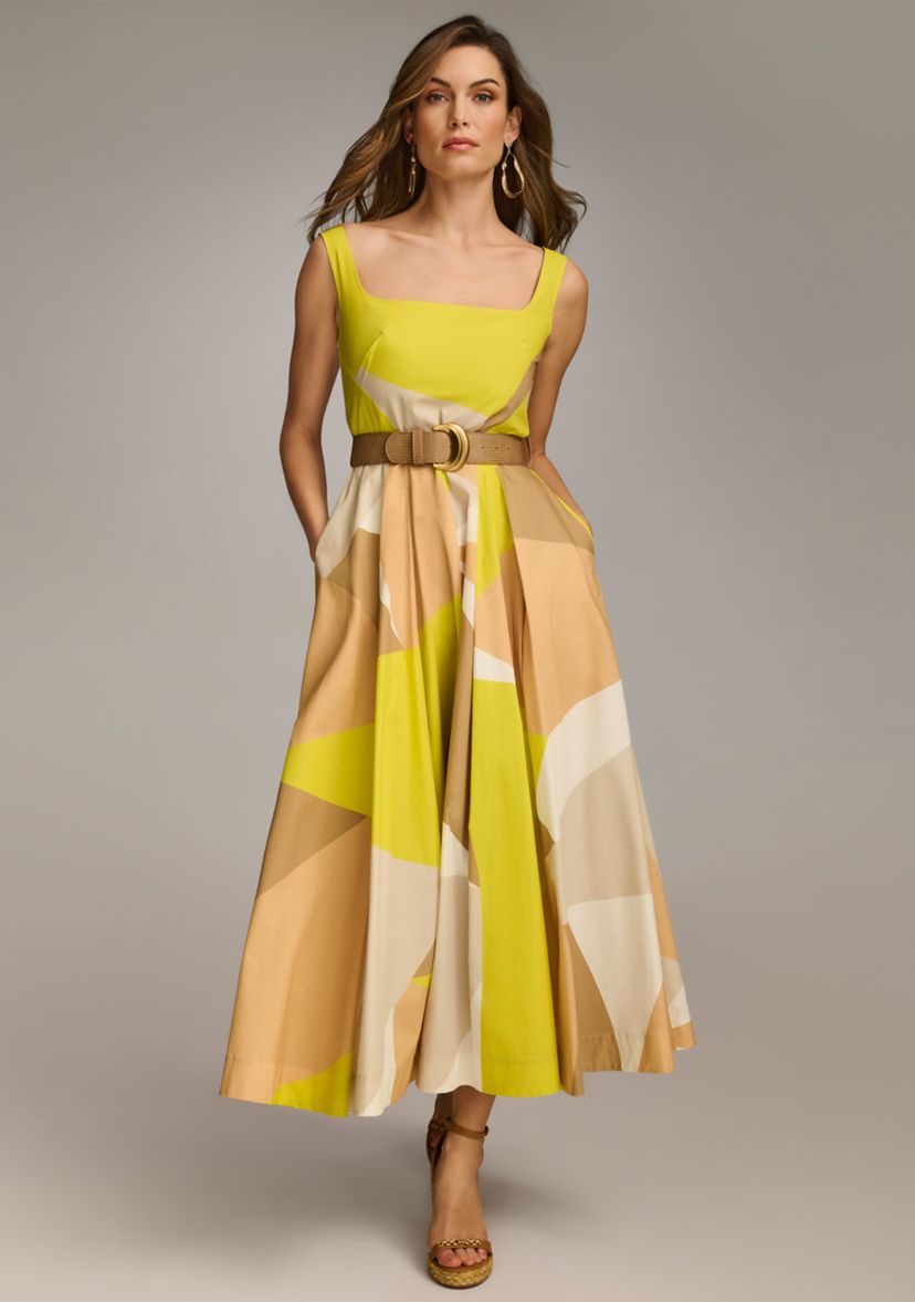 Womens Sleeveless Square Neck Abstract Print Fit and Flare Dress