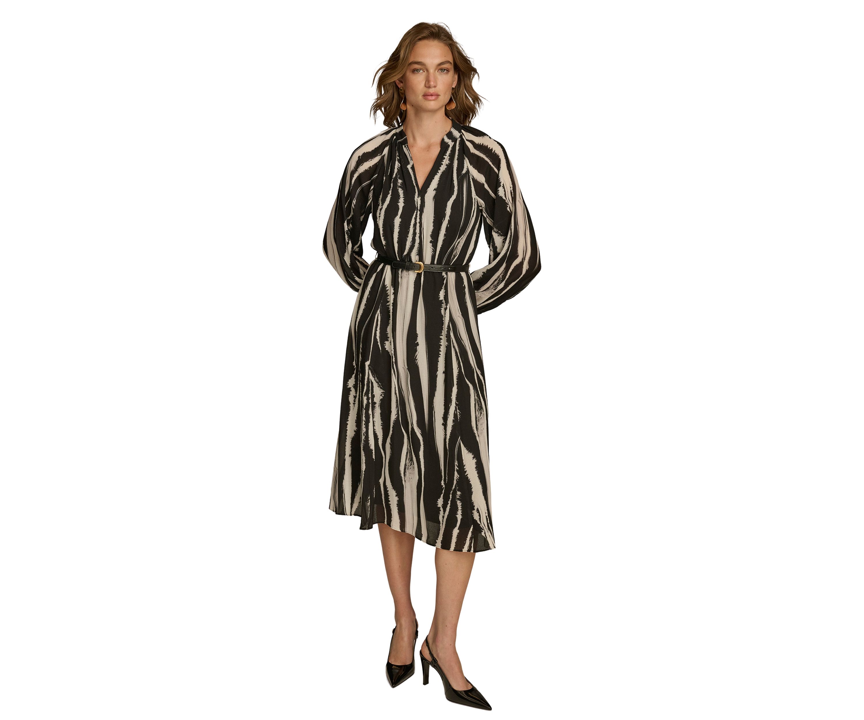 Womens Long Sleeve Stripe Print Belted Fit and Flare Dress