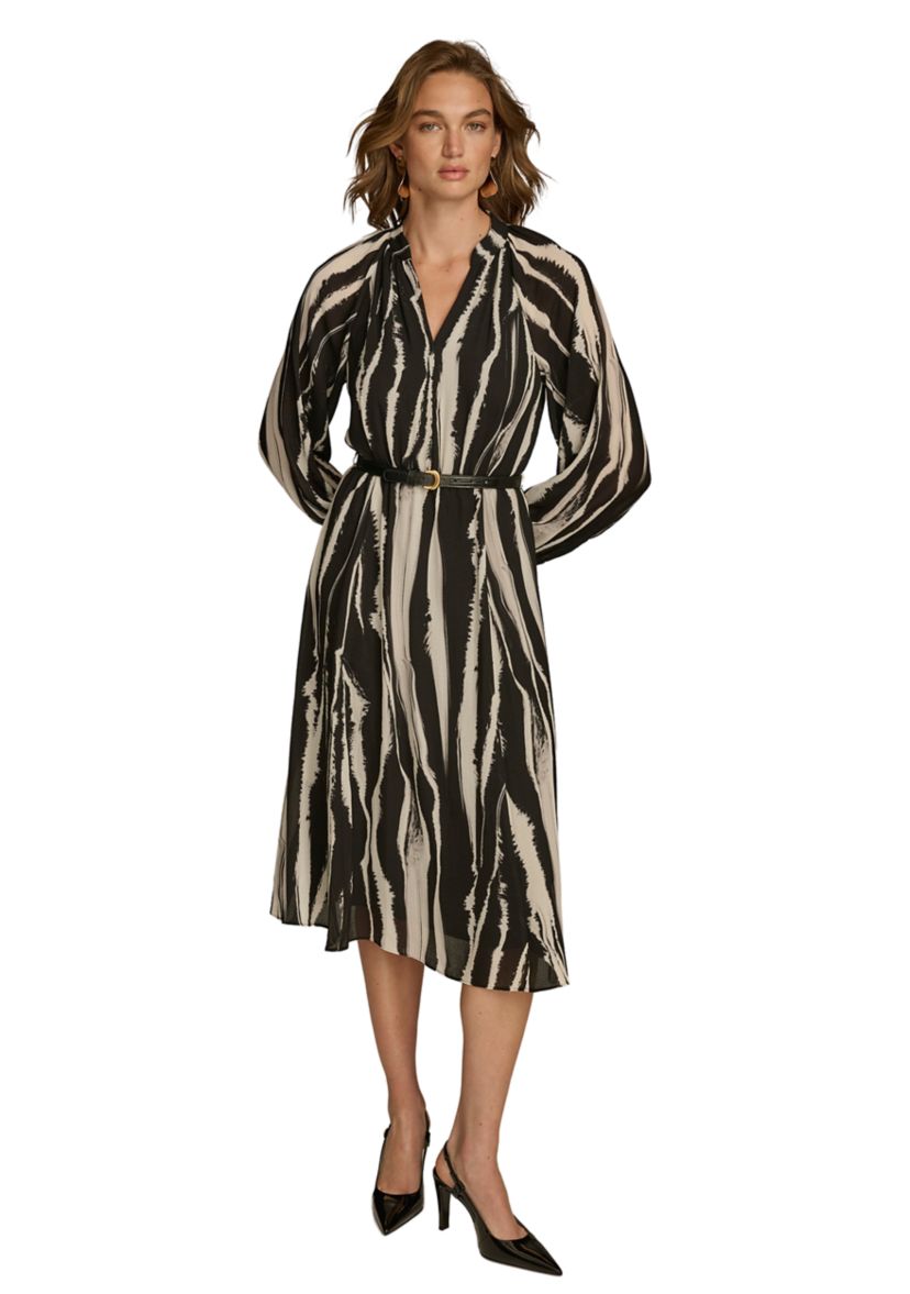 Womens Long Sleeve Stripe Print Belted Fit and Flare Dress
