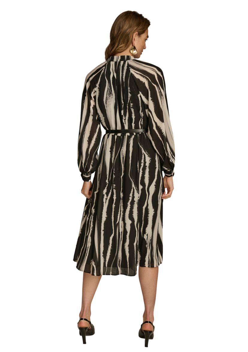 Womens Long Sleeve Stripe Print Belted Fit and Flare Dress