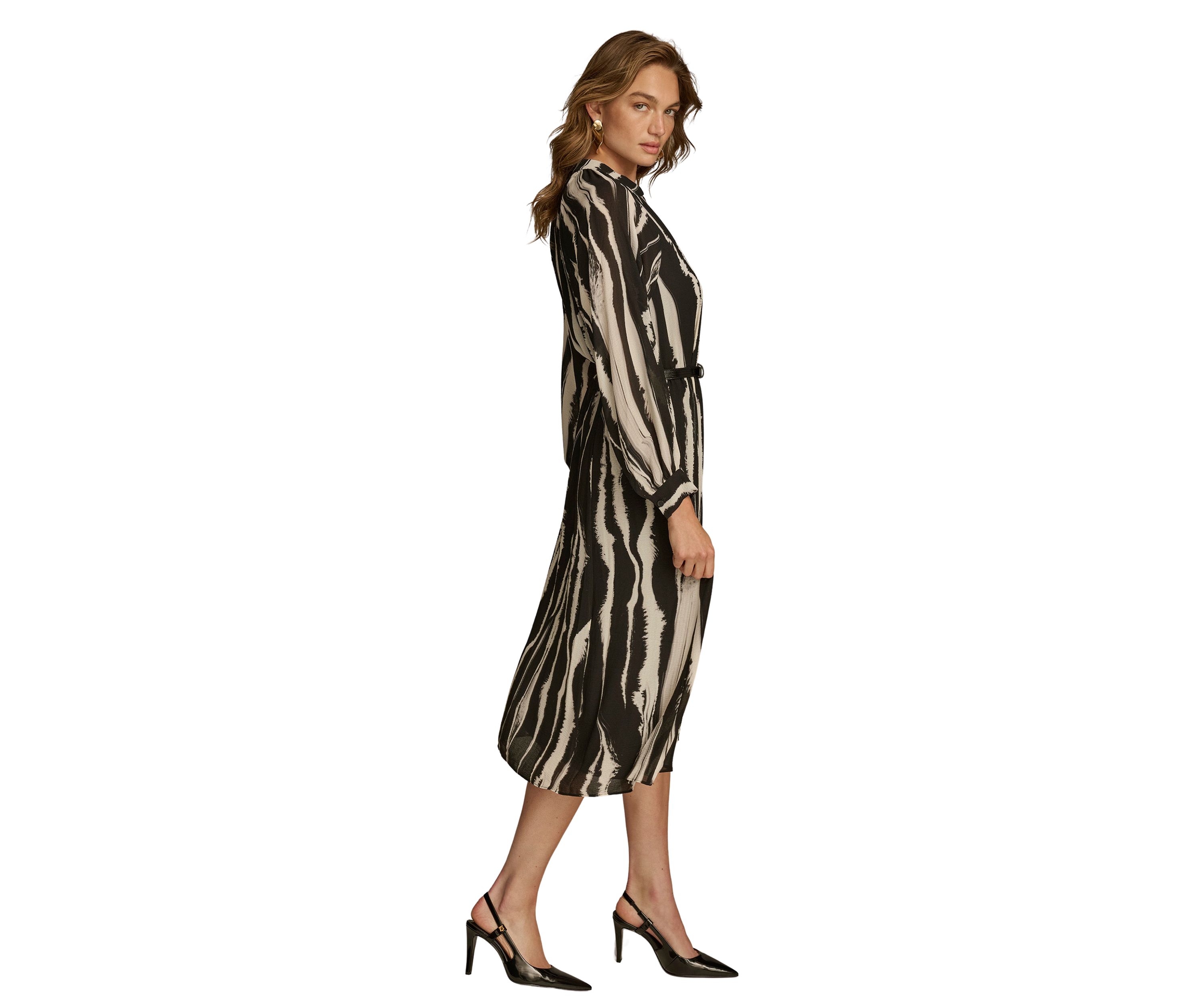 Womens Long Sleeve Stripe Print Belted Fit and Flare Dress
