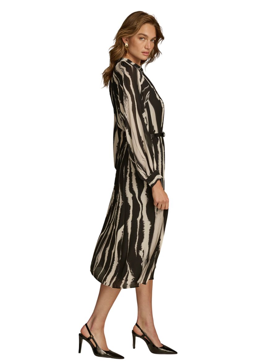 Womens Long Sleeve Stripe Print Belted Fit and Flare Dress