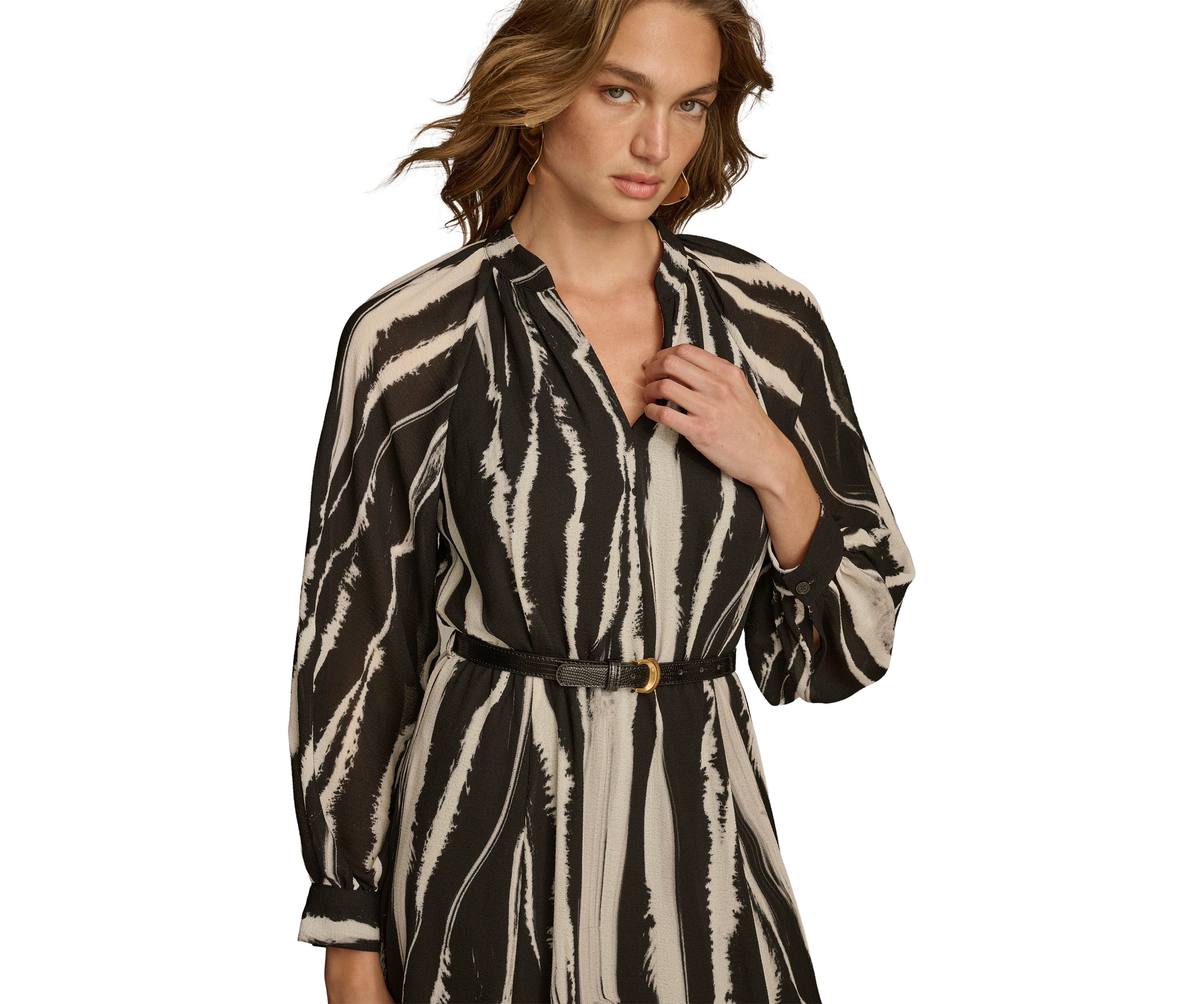 Womens Long Sleeve Stripe Print Belted Fit and Flare Dress