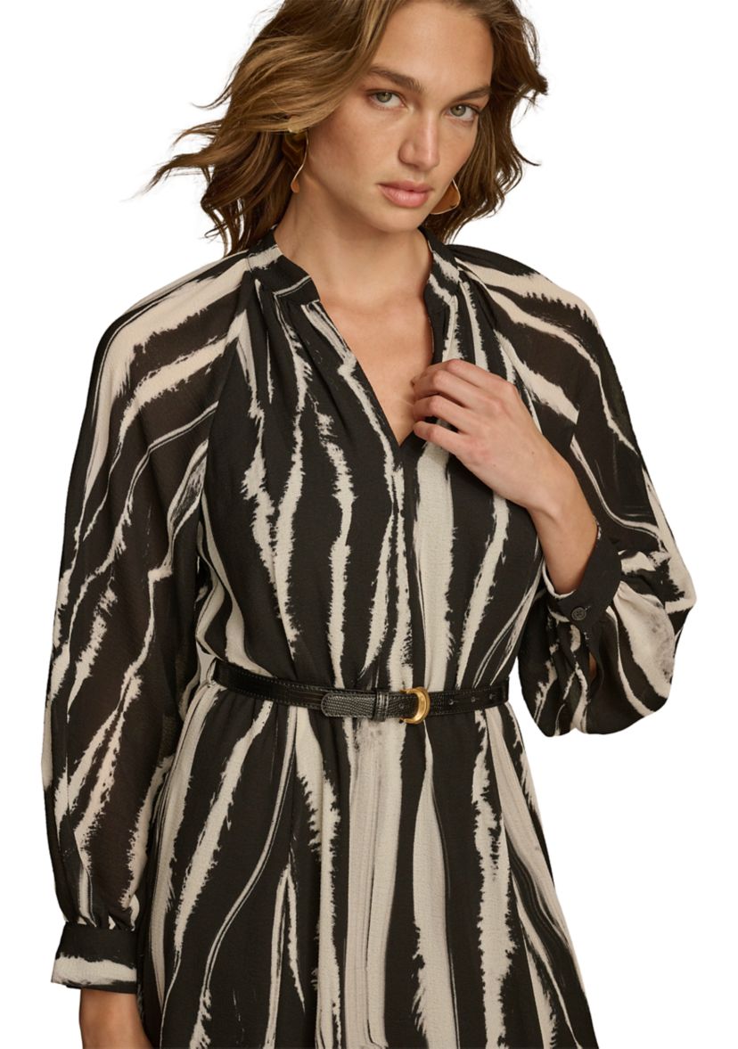 Womens Long Sleeve Stripe Print Belted Fit and Flare Dress