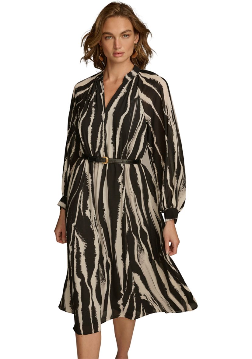 Womens Long Sleeve Stripe Print Belted Fit and Flare Dress