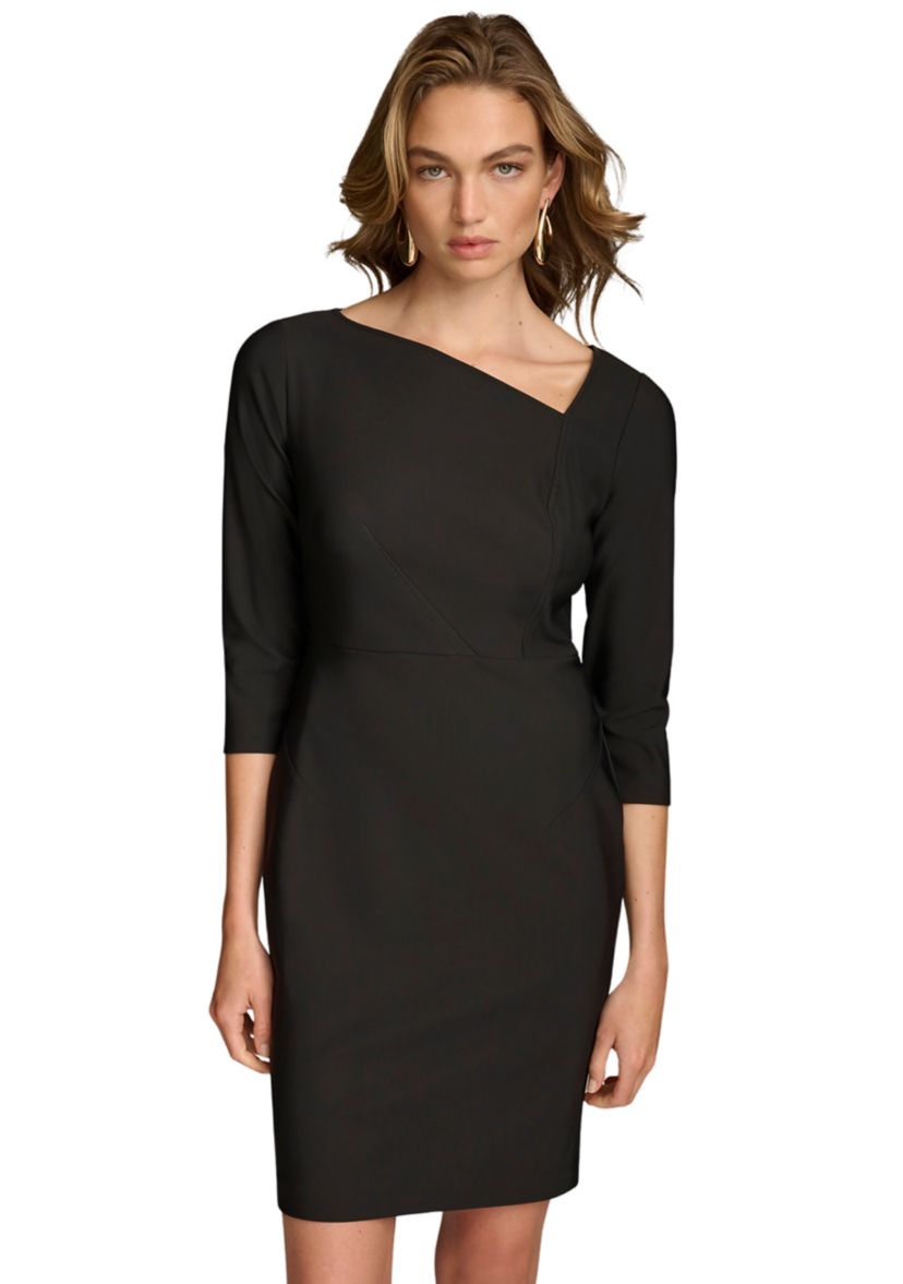 Womens Asymmetric Neck Solid Sheath Dress