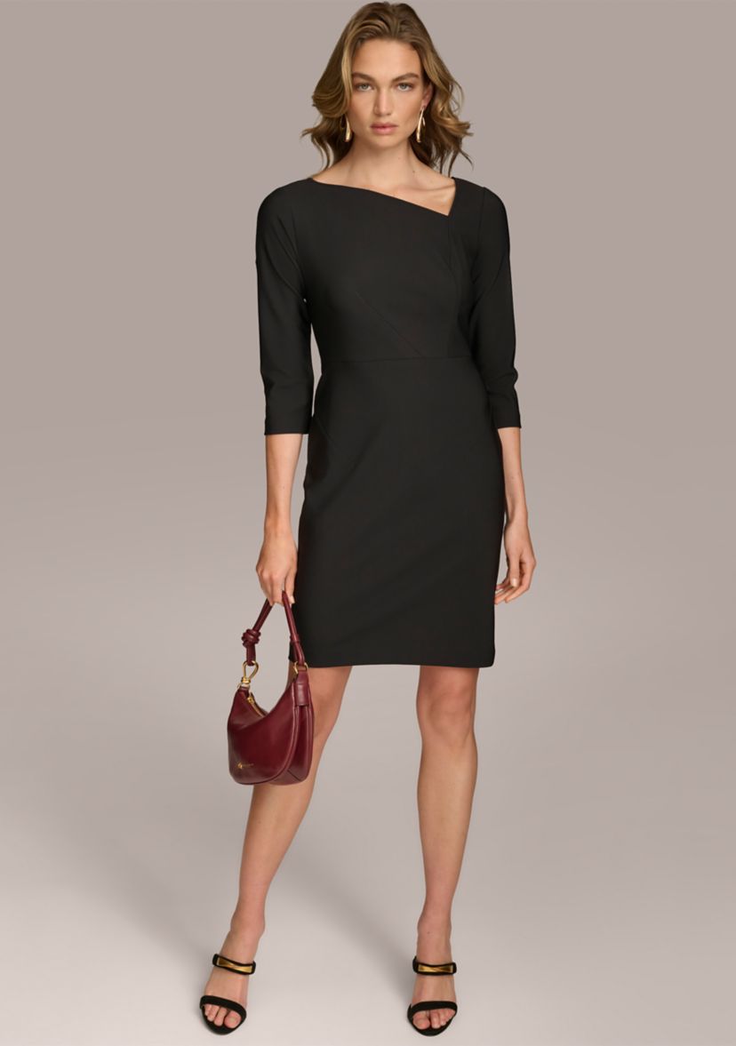 Womens Asymmetric Neck Solid Sheath Dress