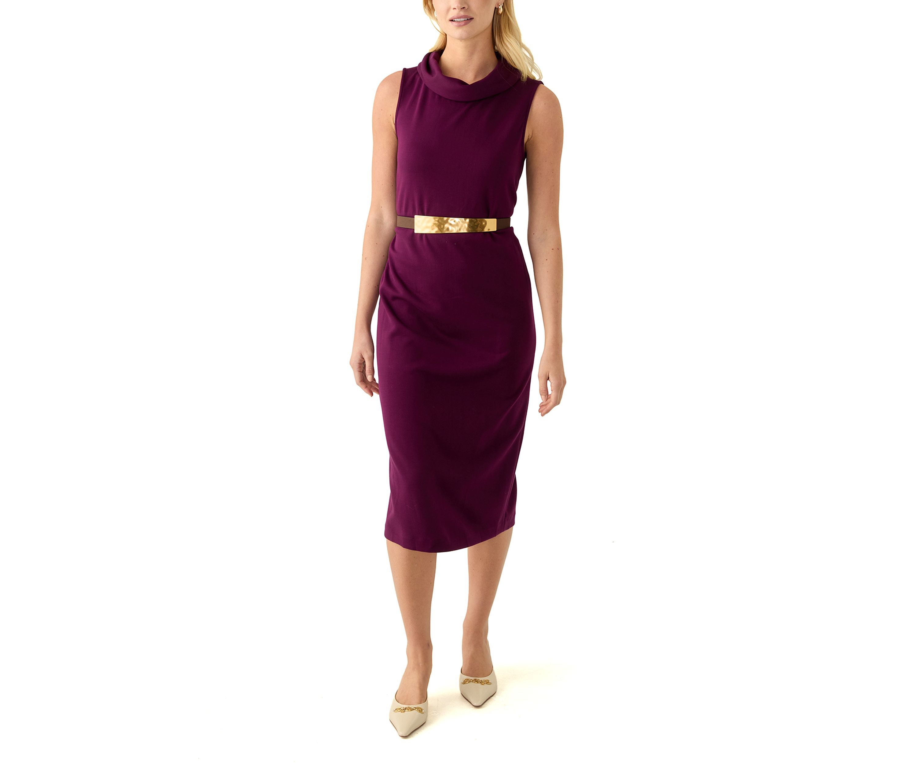 Womens Sleeveless Cowl Neck Solid Belted Midi Dress