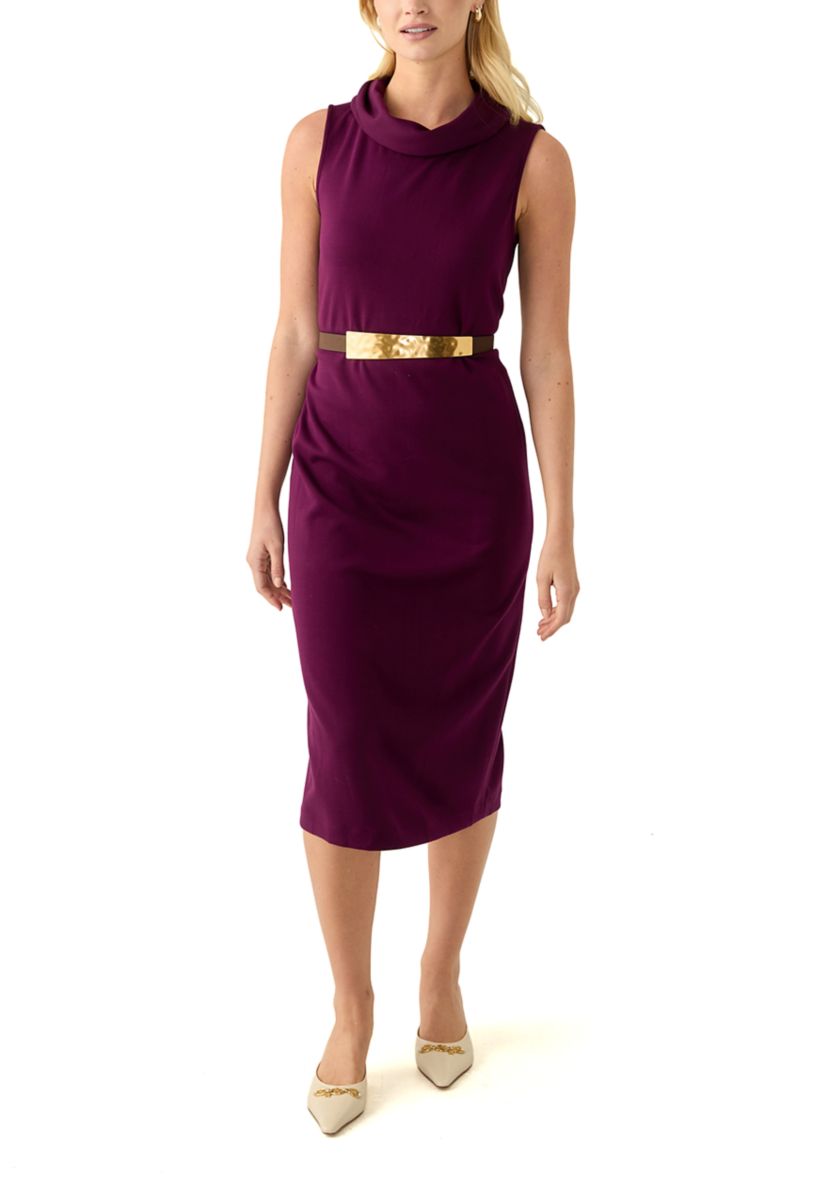 Womens Sleeveless Cowl Neck Solid Belted Midi Dress